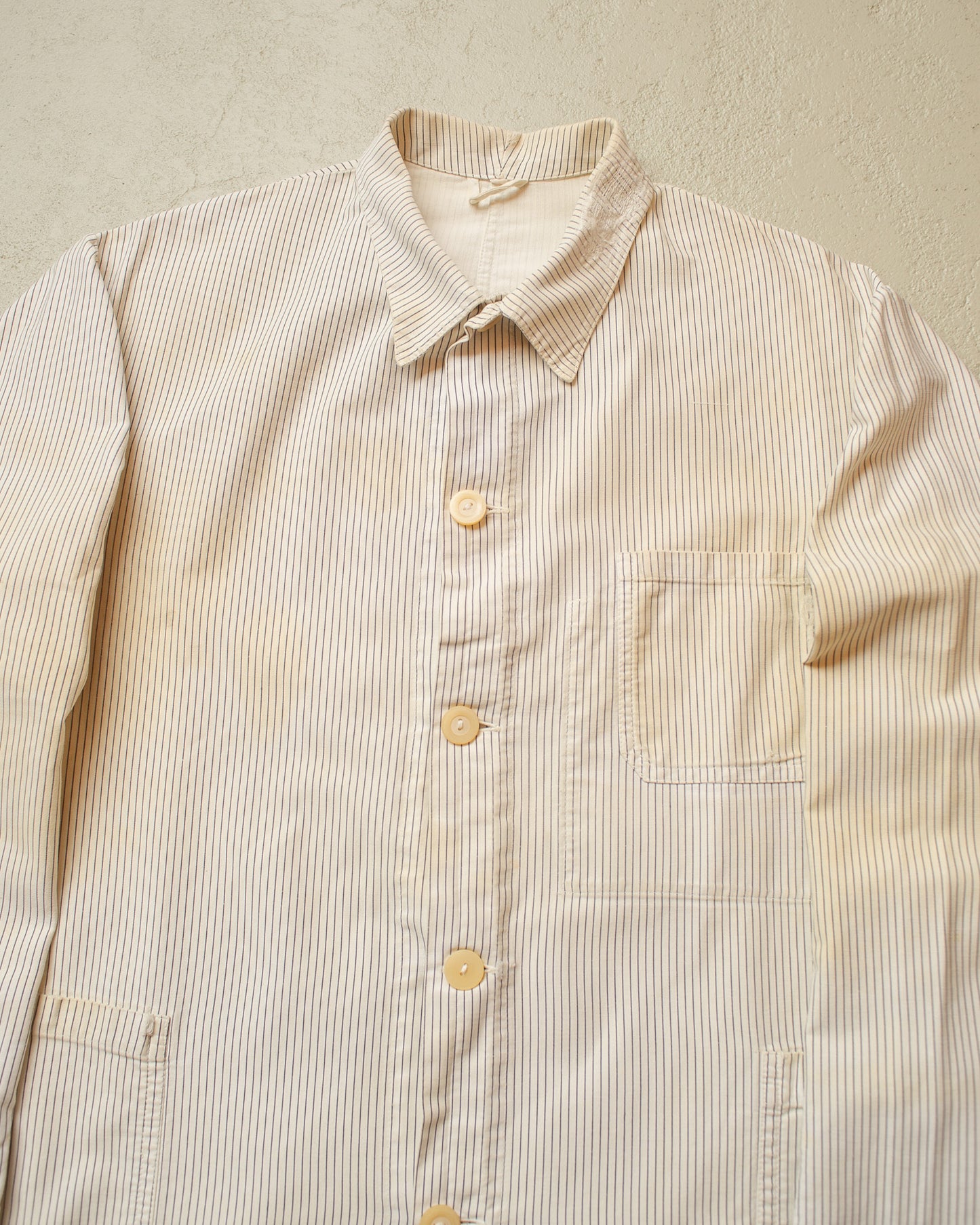 1950s/60s distressed German "Metzgerjacke" Butcher striped Work Jacket white - L/XL