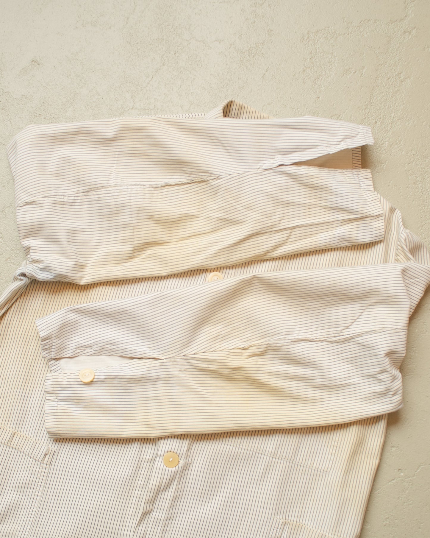 1950s/60s distressed German "Metzgerjacke" Butcher striped Work Jacket white - L/XL