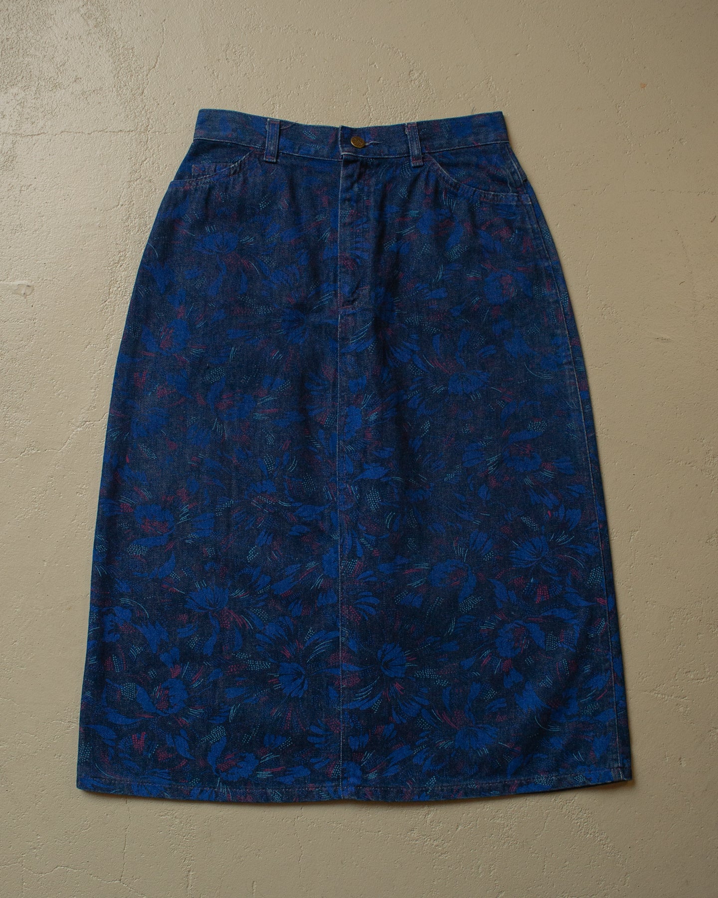 1980s Womens Lee Flower Print Denim Skirt blue - W28/29