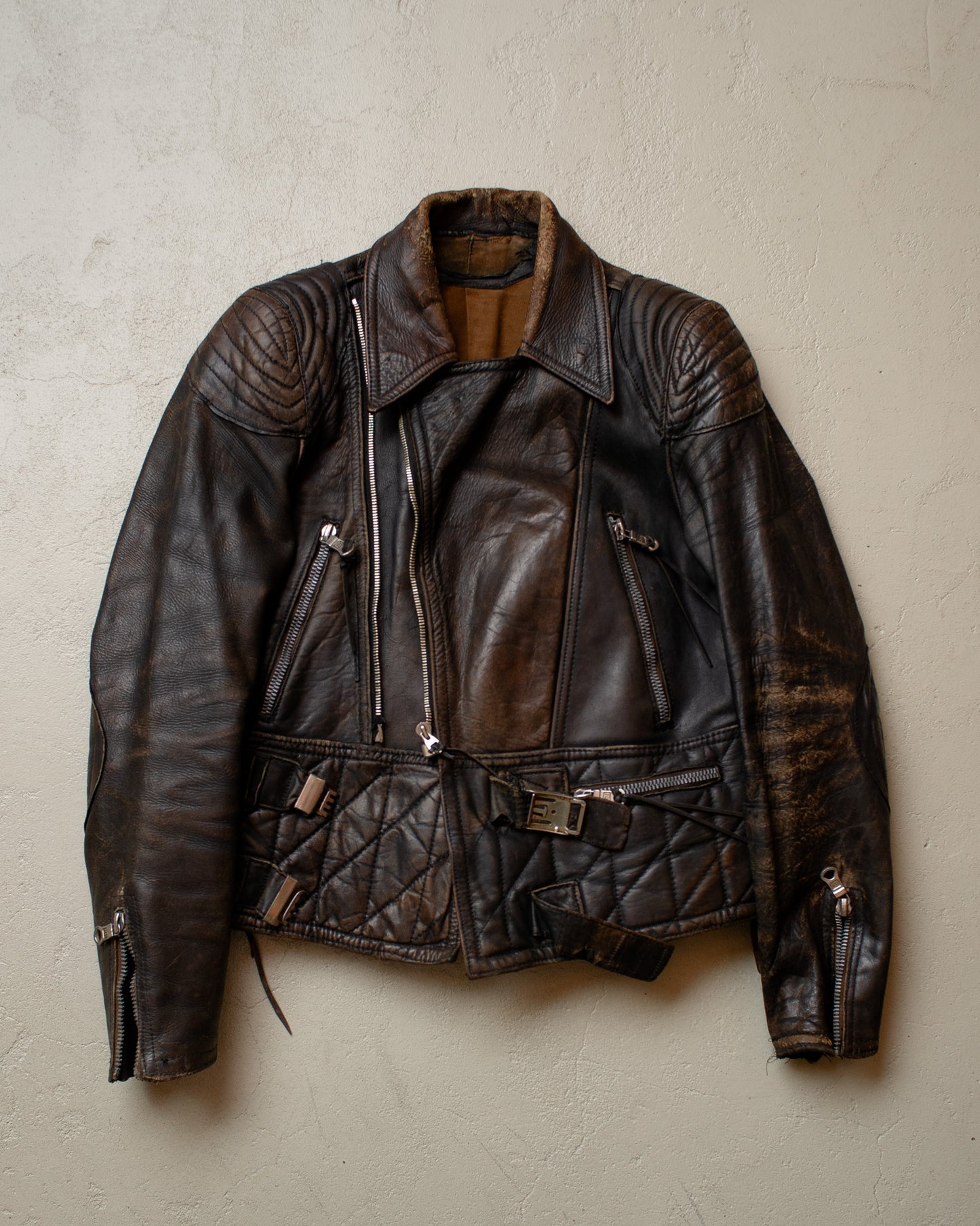 1940s German distressed Leather Biker Jacket black - M