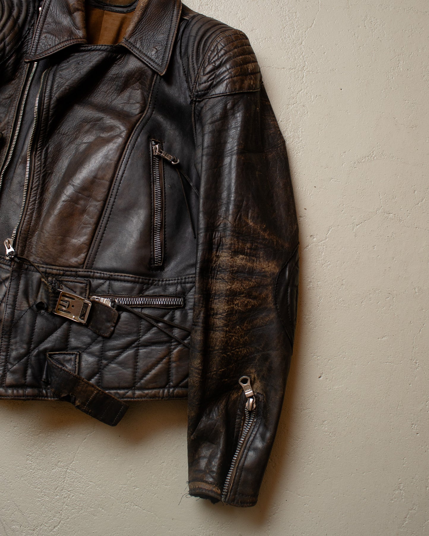 1940s German distressed Leather Biker Jacket black - M