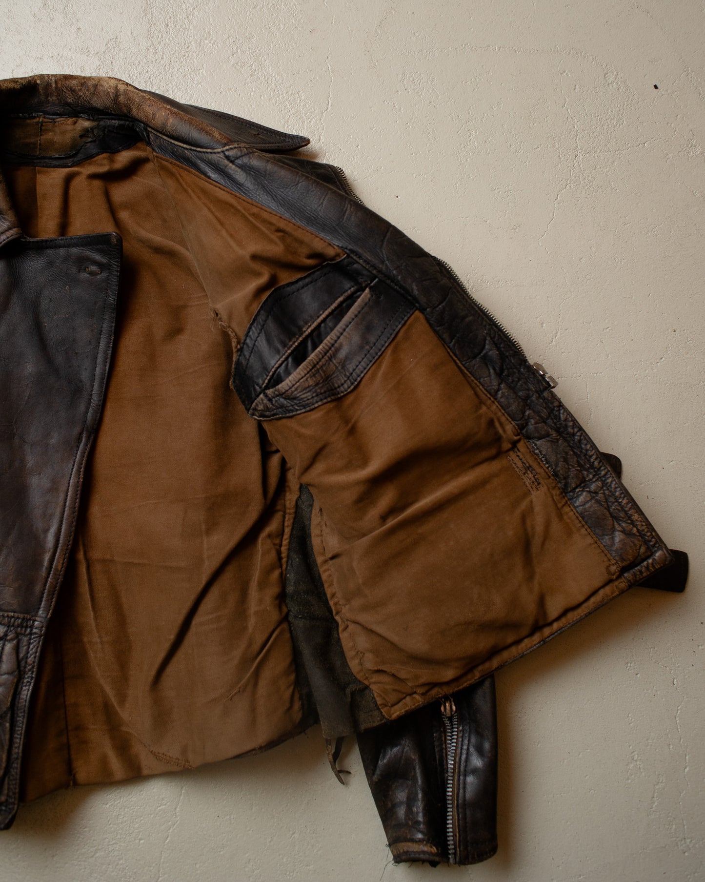 1940s German distressed Leather Biker Jacket black - M