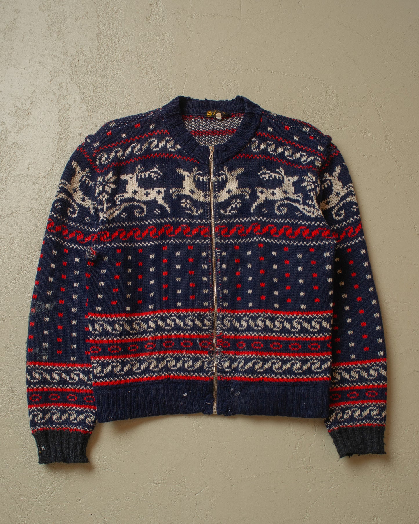 1960s distressed Printed Knit Jacket navyblue - M