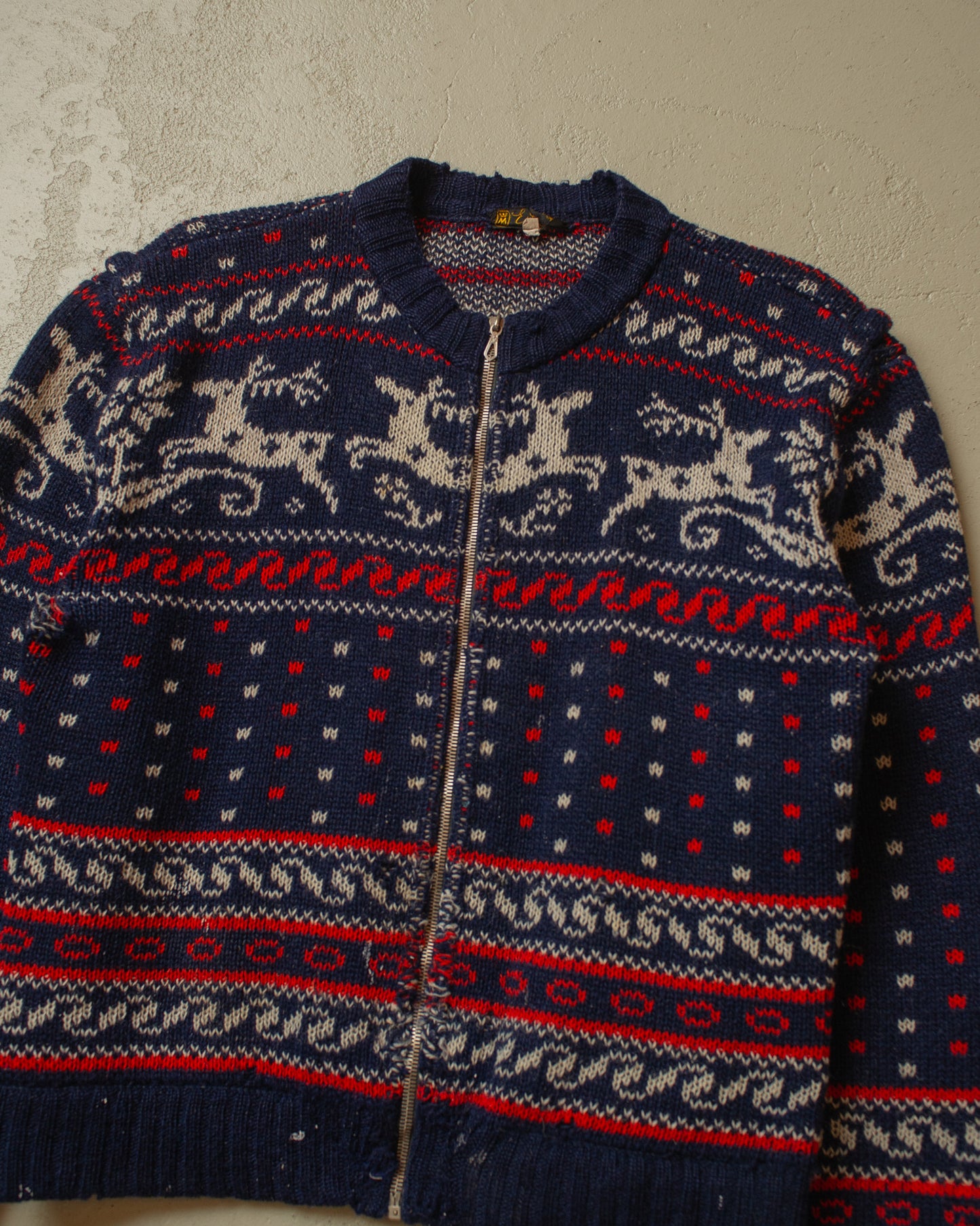 1960s distressed Printed Knit Jacket navyblue - M