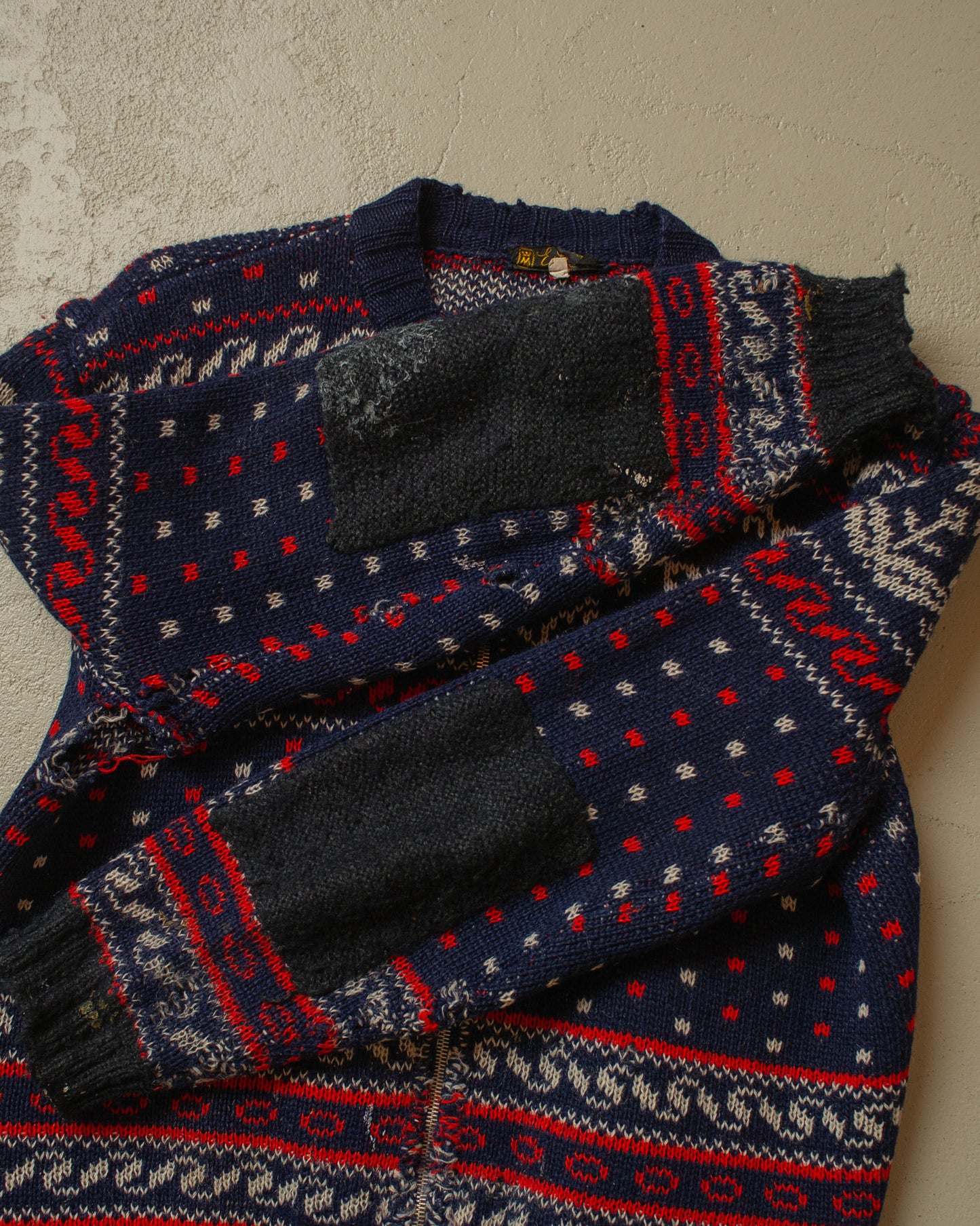 1960s distressed Printed Knit Jacket navyblue - M