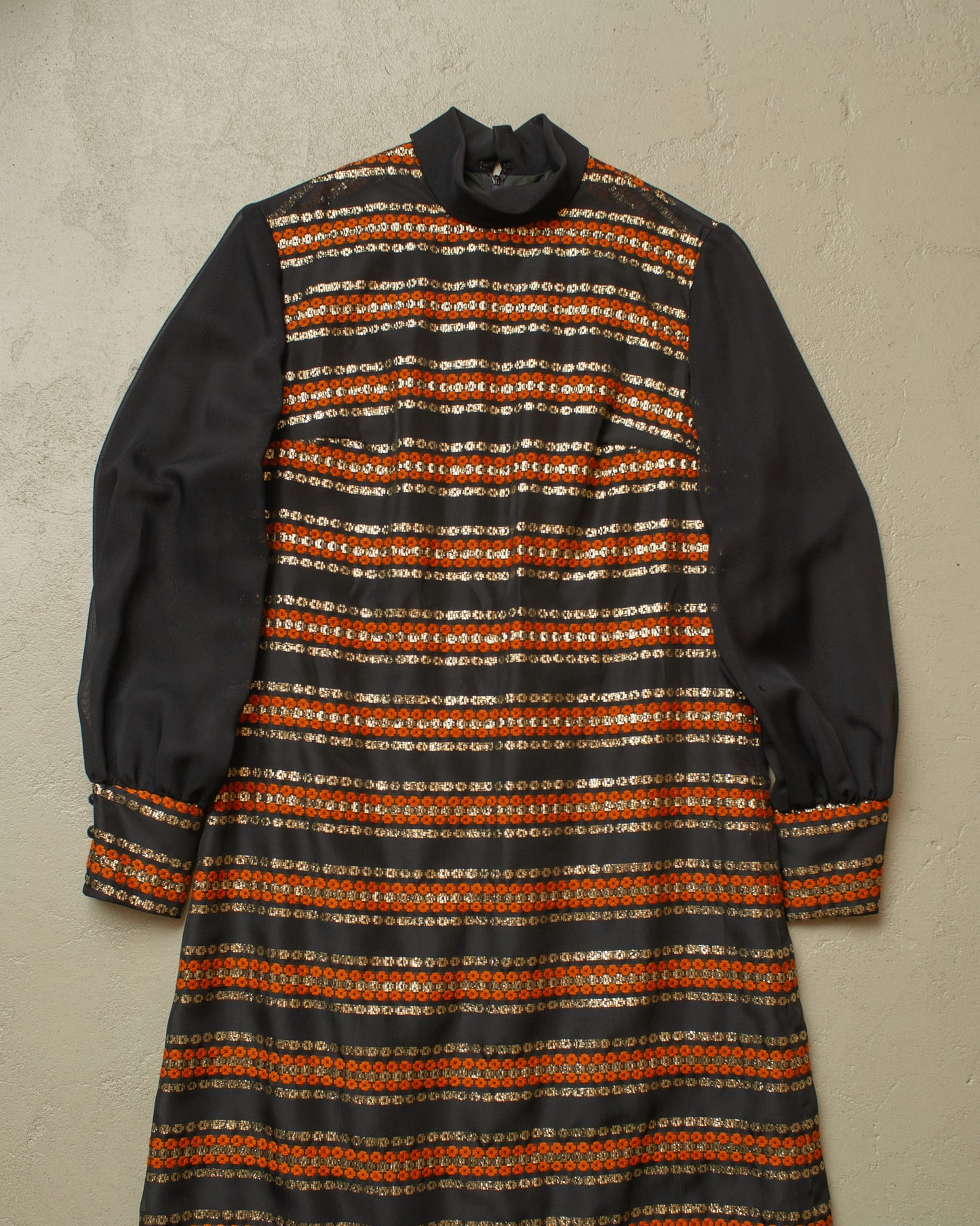 1970s Womens striped Pattern Long Dress black - S/M