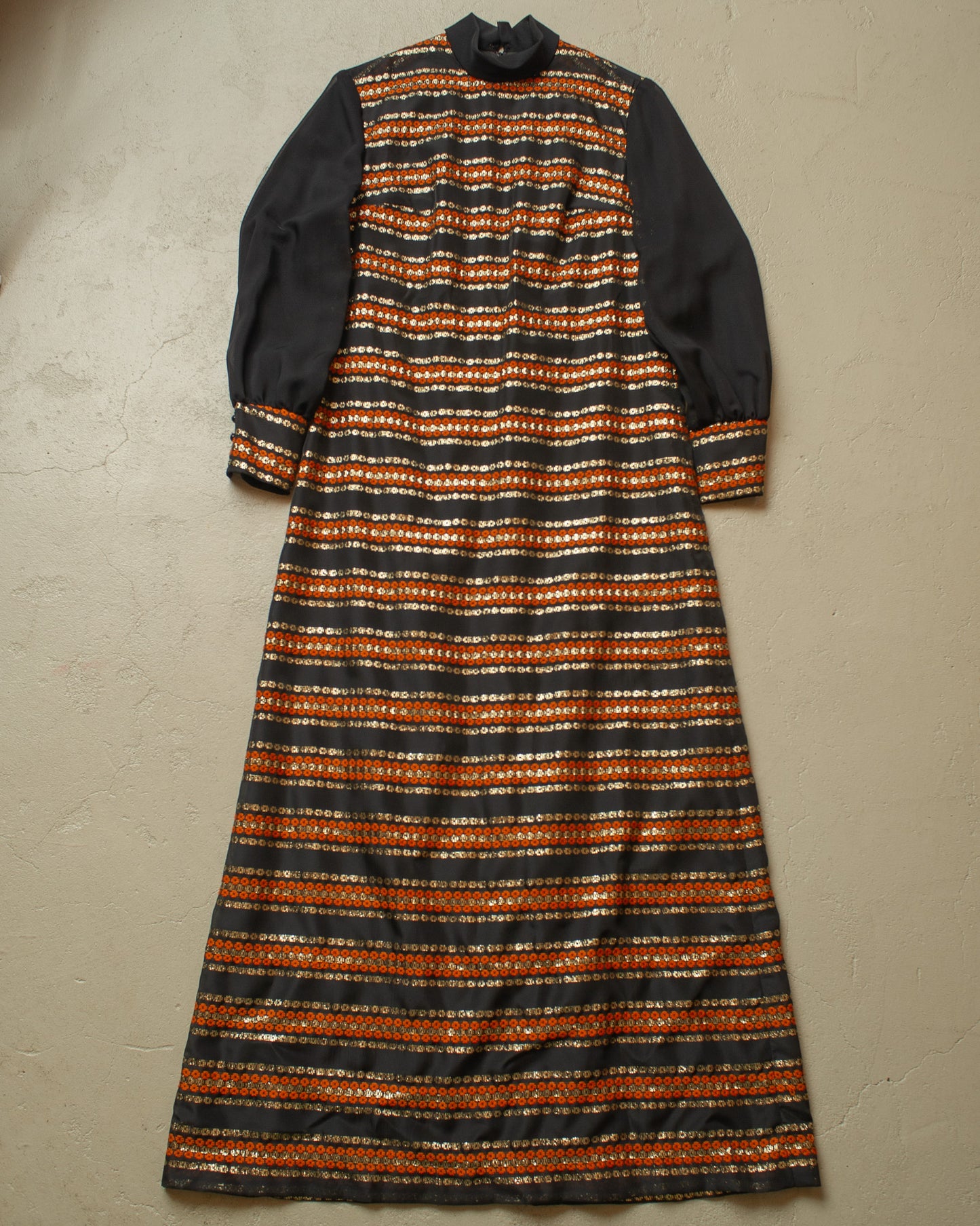 1970s Womens striped Pattern Long Dress black - S/M