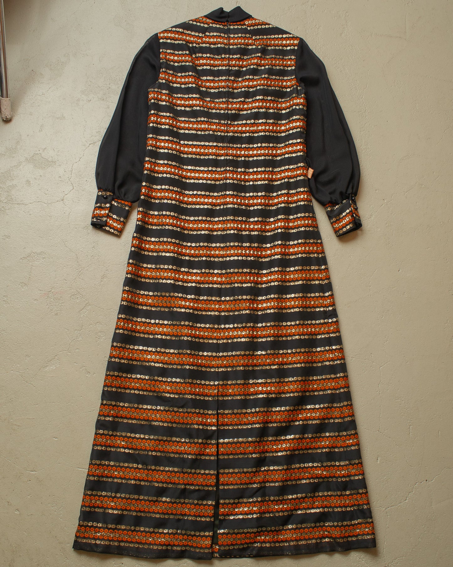 1970s Womens striped Pattern Long Dress black - S/M