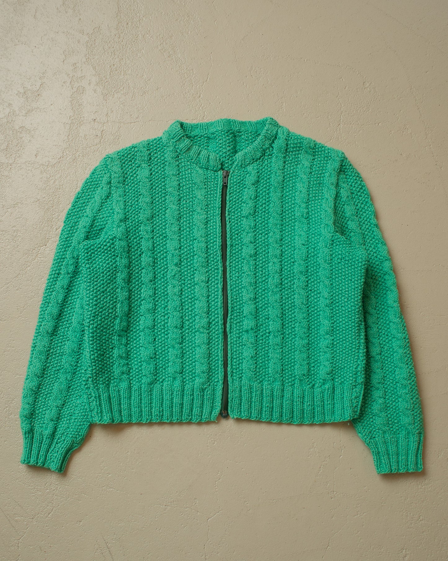 1980s Handmade Womens Cable Knit Jacket green - M/L