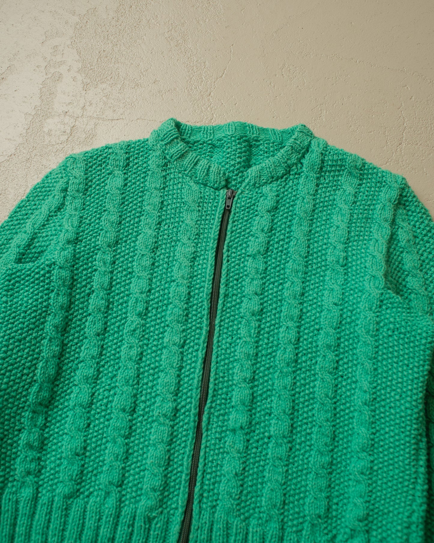 1980s Handmade Womens Cable Knit Jacket green - M/L