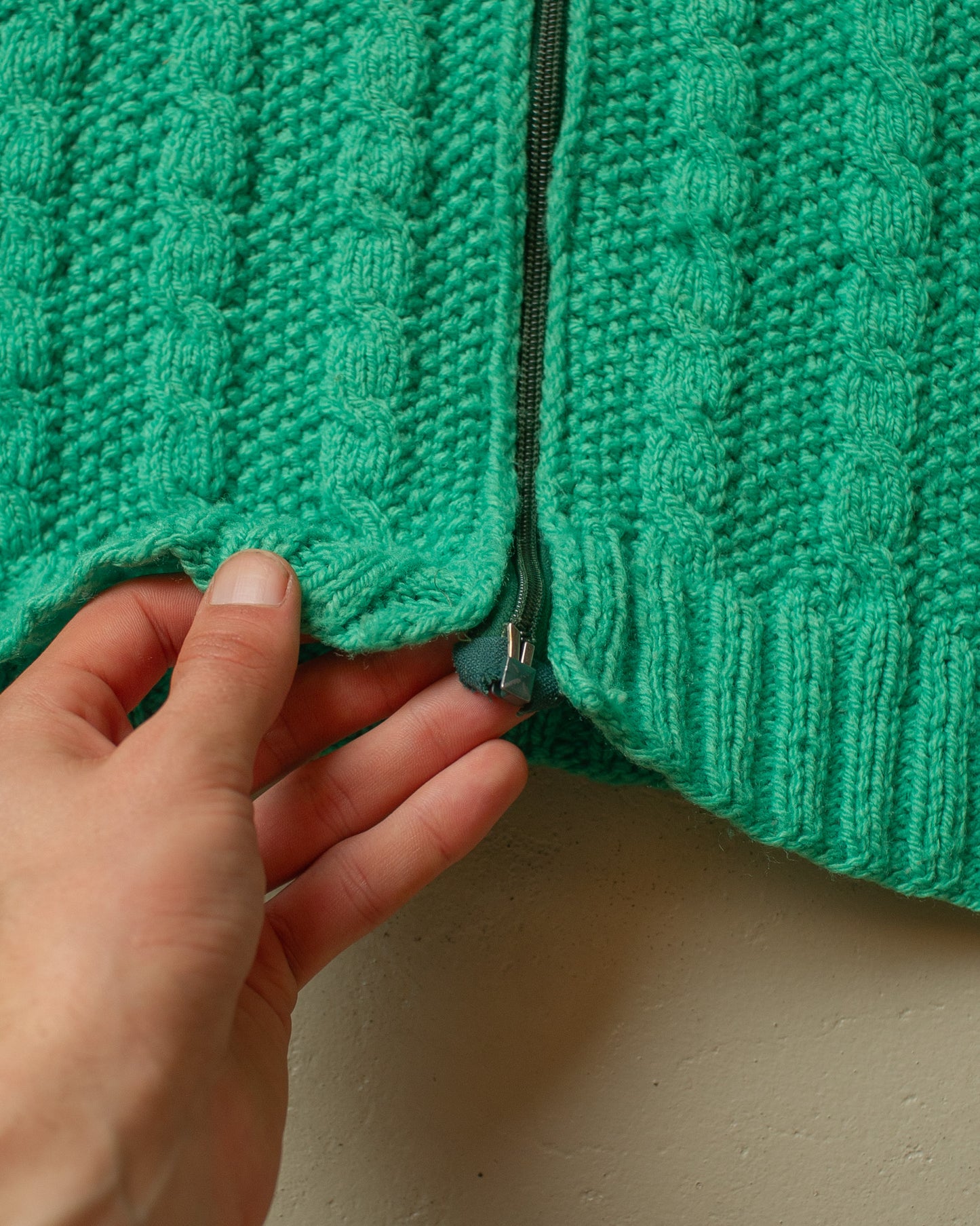 1980s Handmade Womens Cable Knit Jacket green - M/L