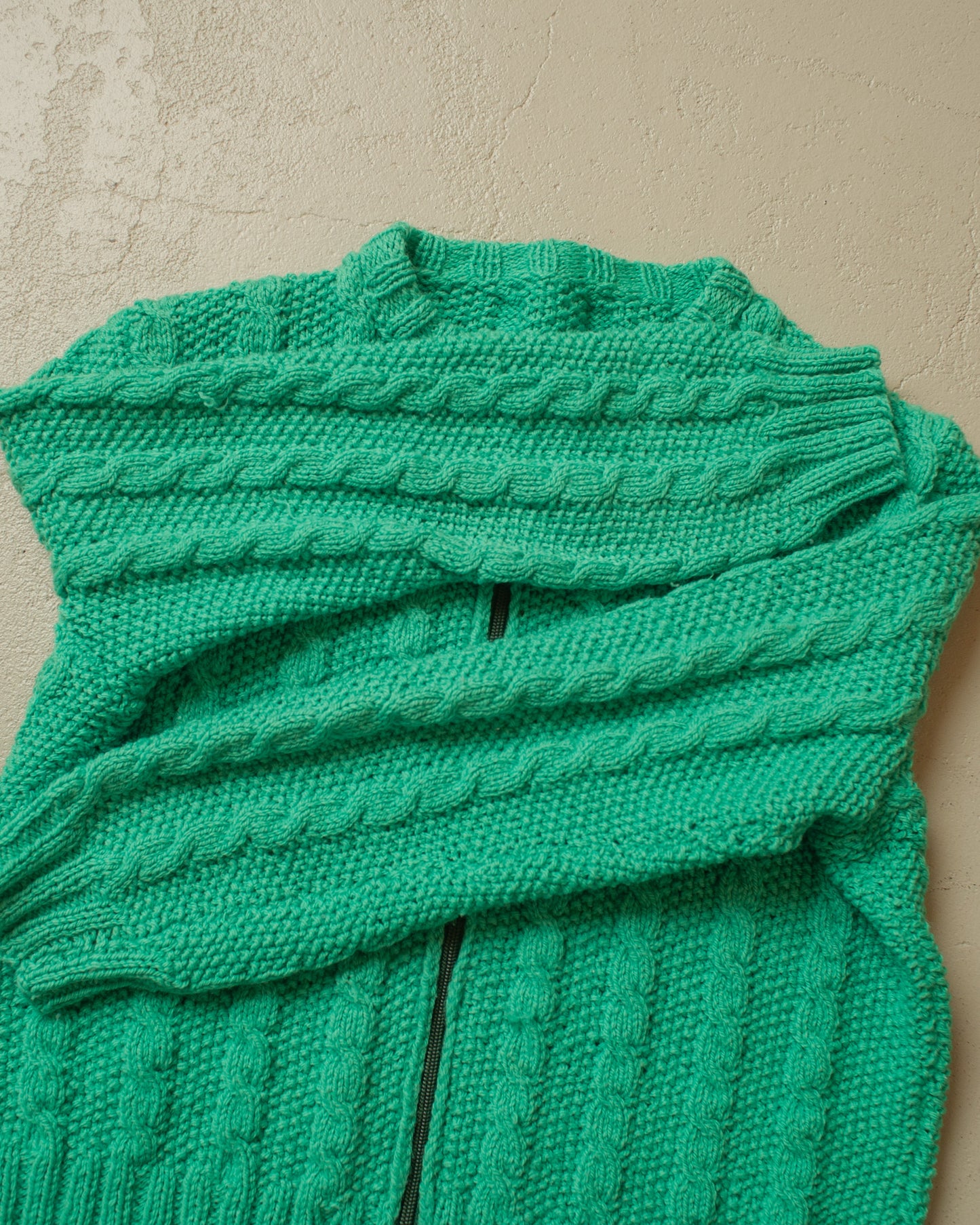 1980s Handmade Womens Cable Knit Jacket green - M/L