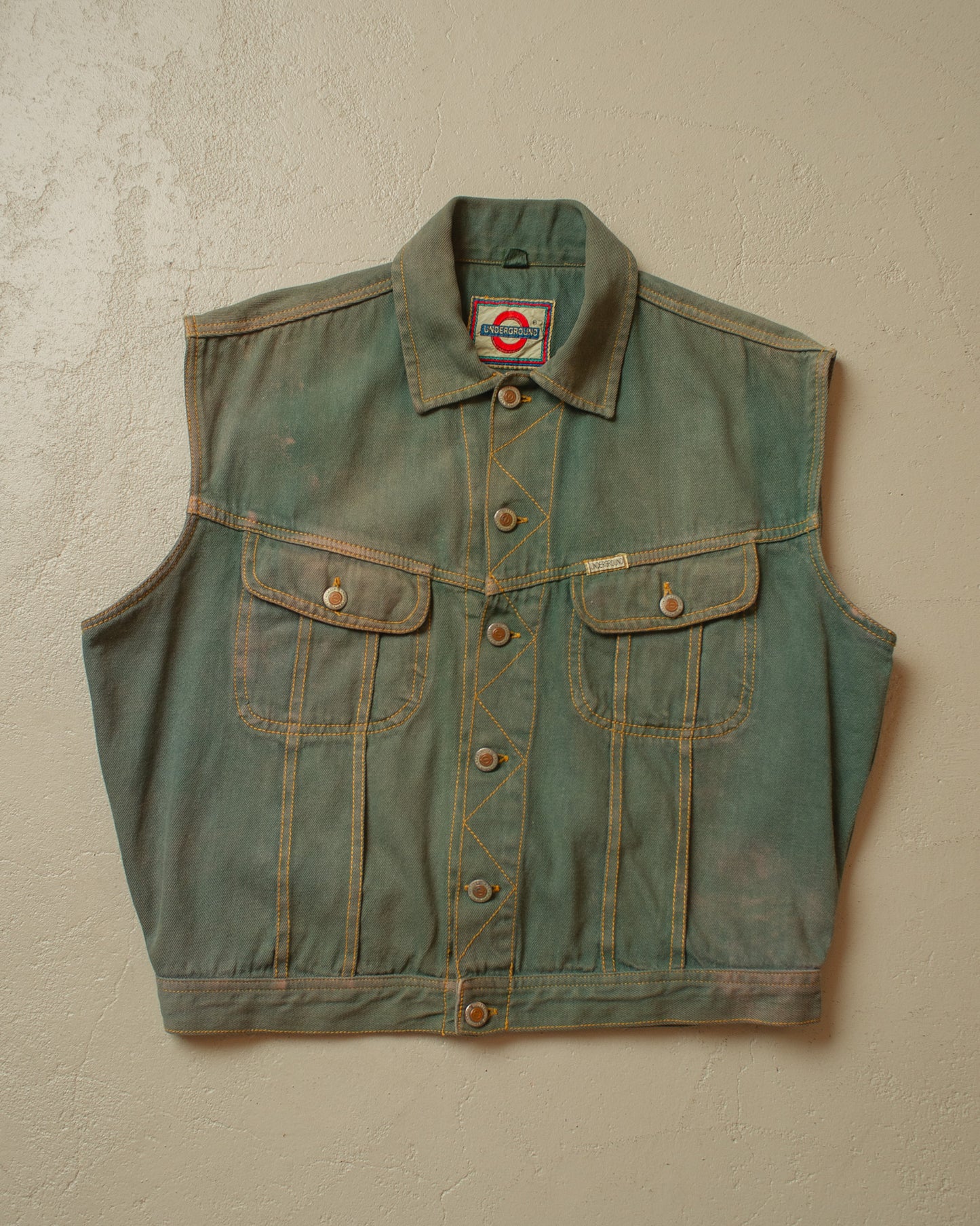 1980s Sunfaded Underground Denim Vest green - M/L