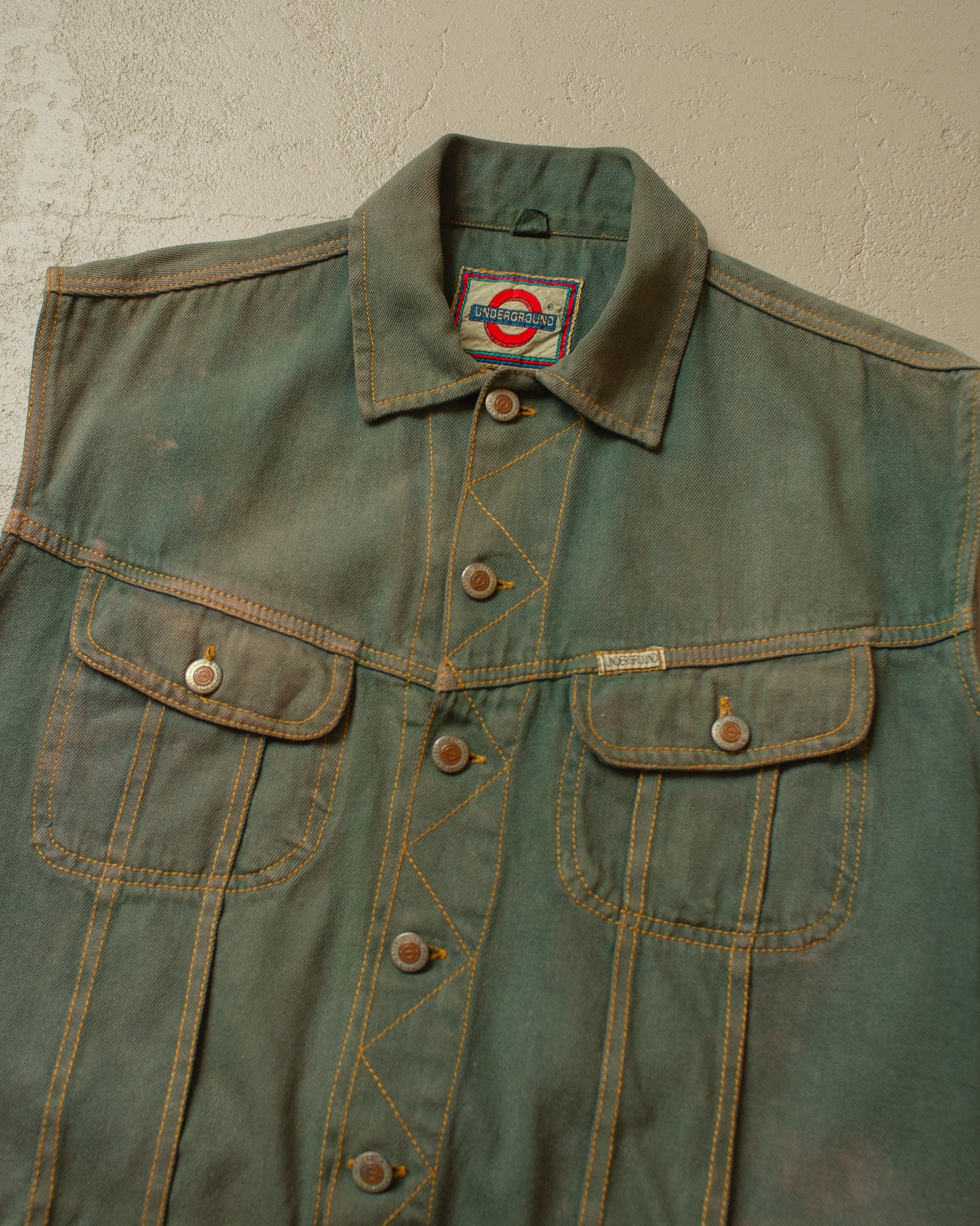 1980s Sunfaded Underground Denim Vest green - M/L