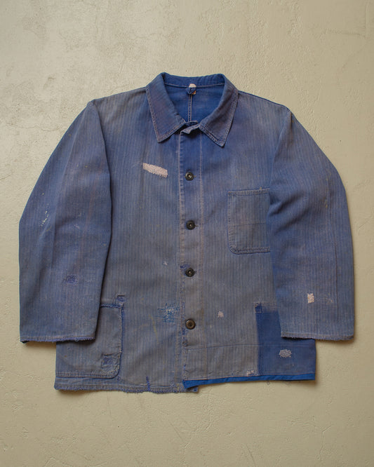 1960s/70s German Faded Herringbone Twill Work Jacket blue - L/XL