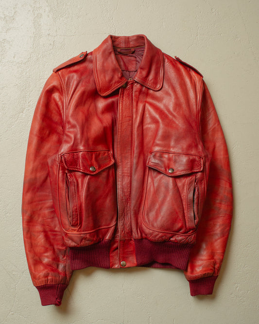1990s Faded Leather Bomber Jacket red - M