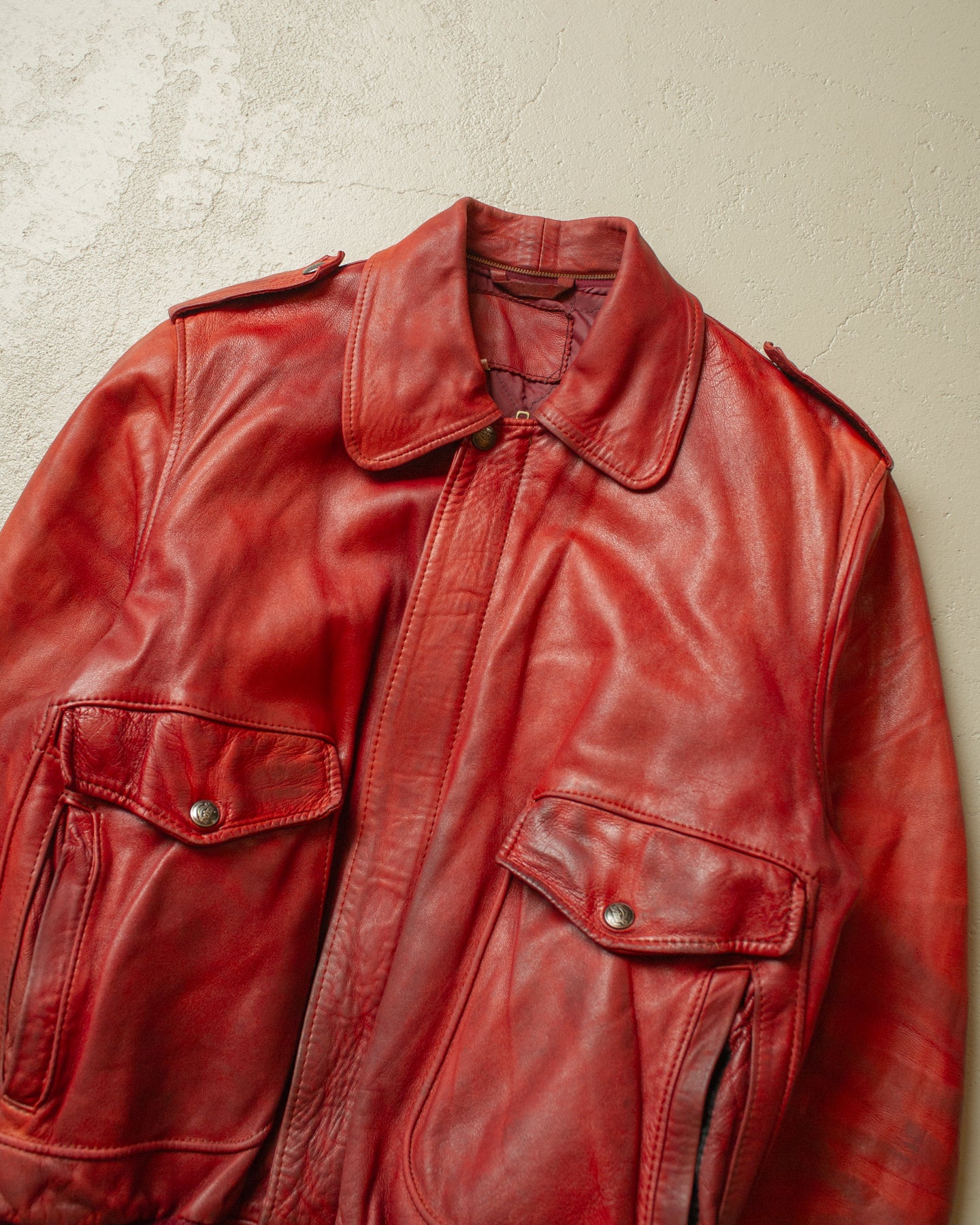 1990s Faded Leather Bomber Jacket red - M