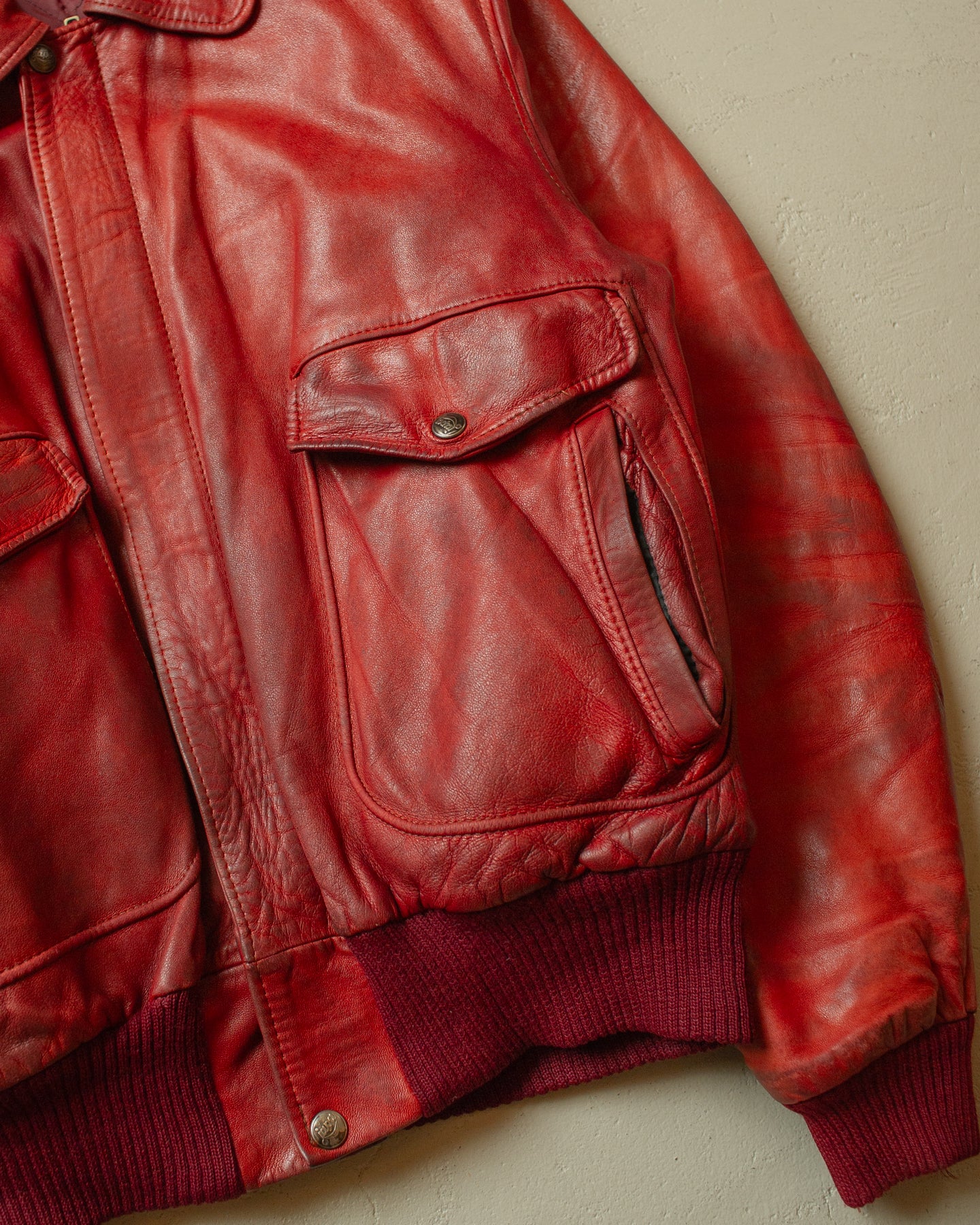 1990s Faded Leather Bomber Jacket red - M