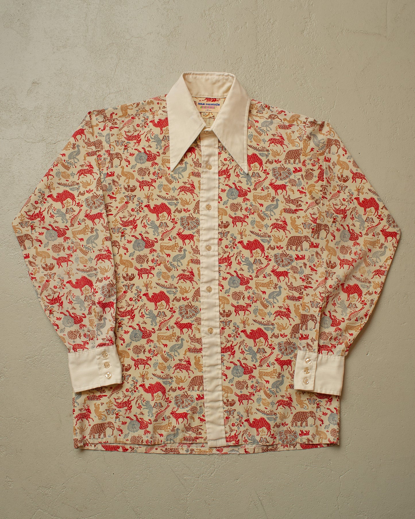 1970s Van Heusen Pattern Point Collar Shirt creme/burgundy - M
