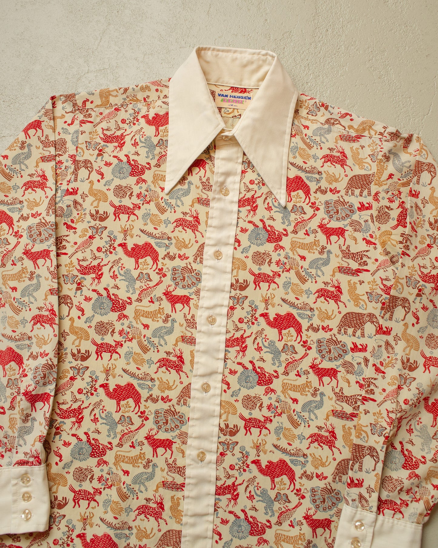 1970s Van Heusen Pattern Point Collar Shirt creme/burgundy - M