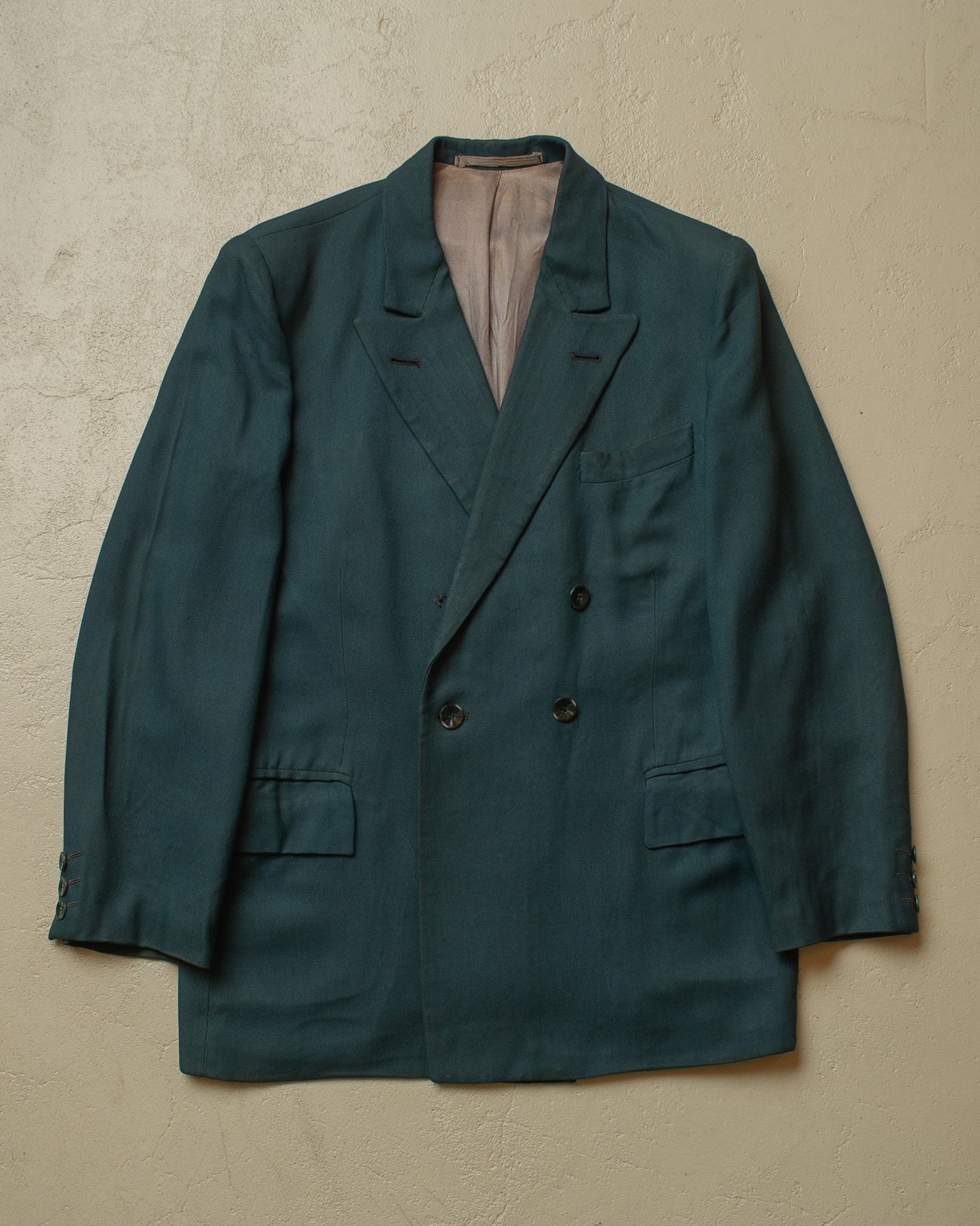 1940s German Filius Peak Lapel Double Breasted Wool Suit turquoise - M