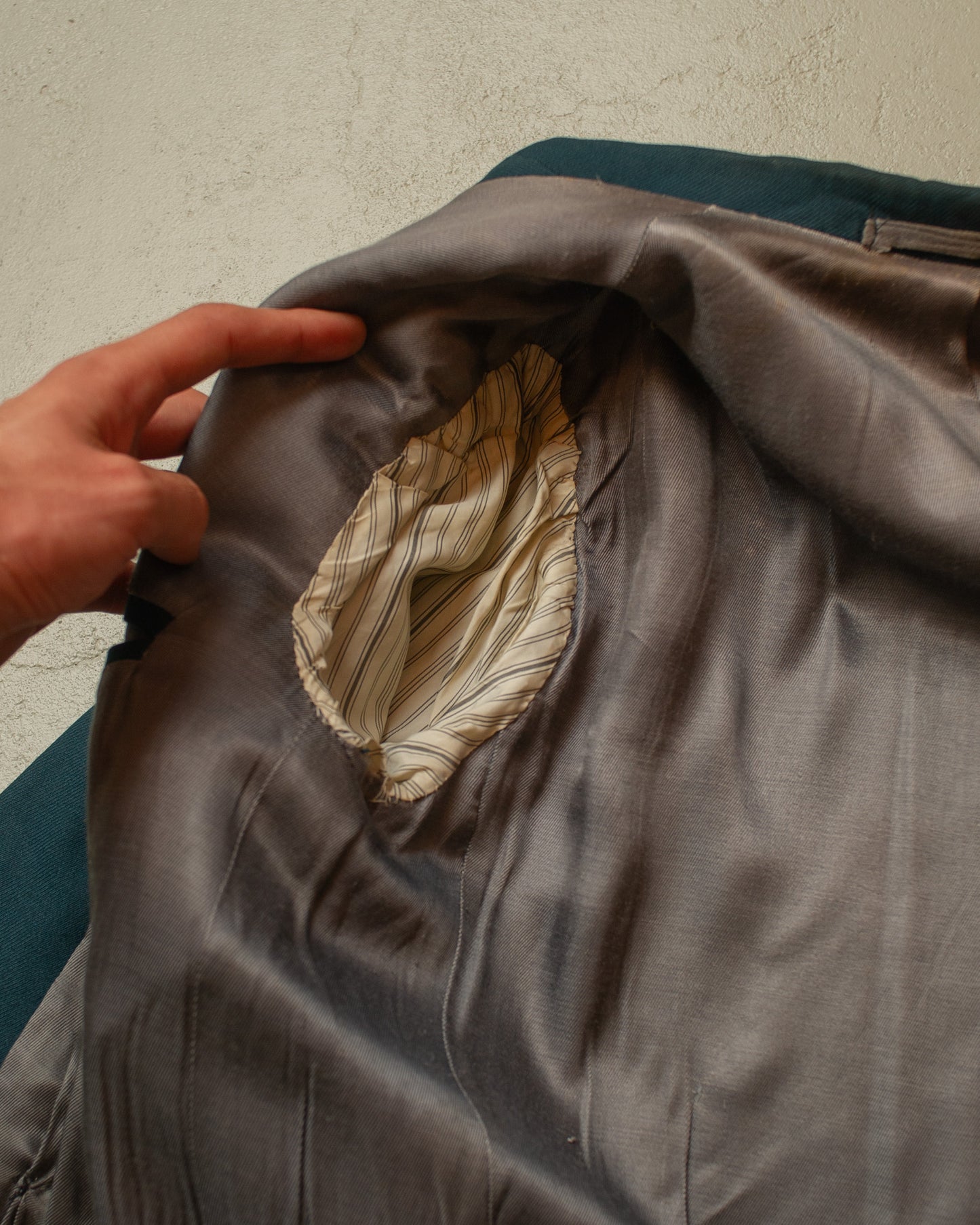 1940s German Filius Peak Lapel Double Breasted Wool Suit turquoise - M