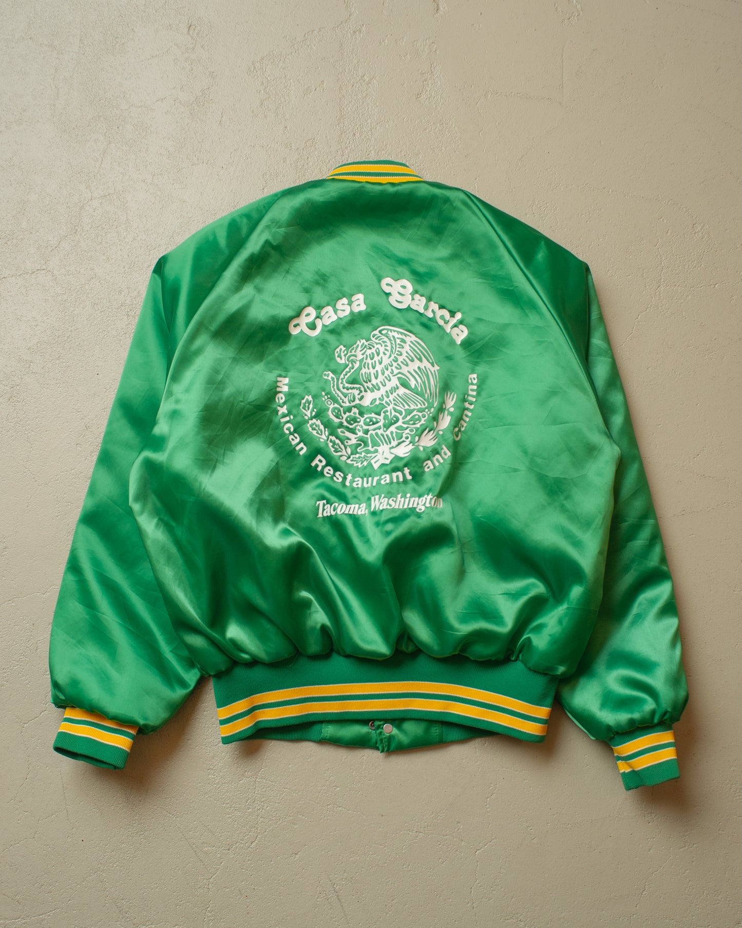 1980s Casa Garcia Satin Varsity Jacket green - L