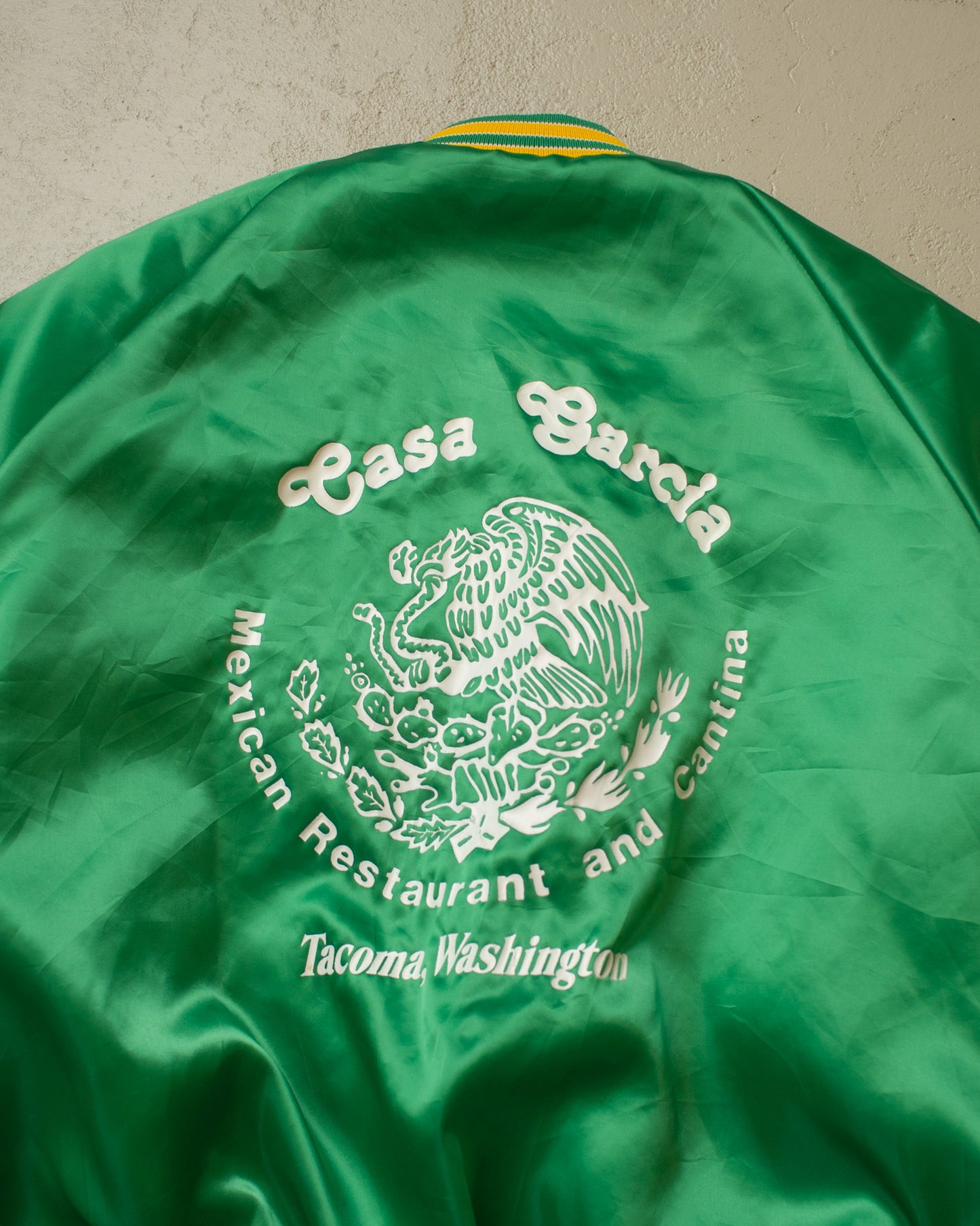 1980s Casa Garcia Satin Varsity Jacket green - L