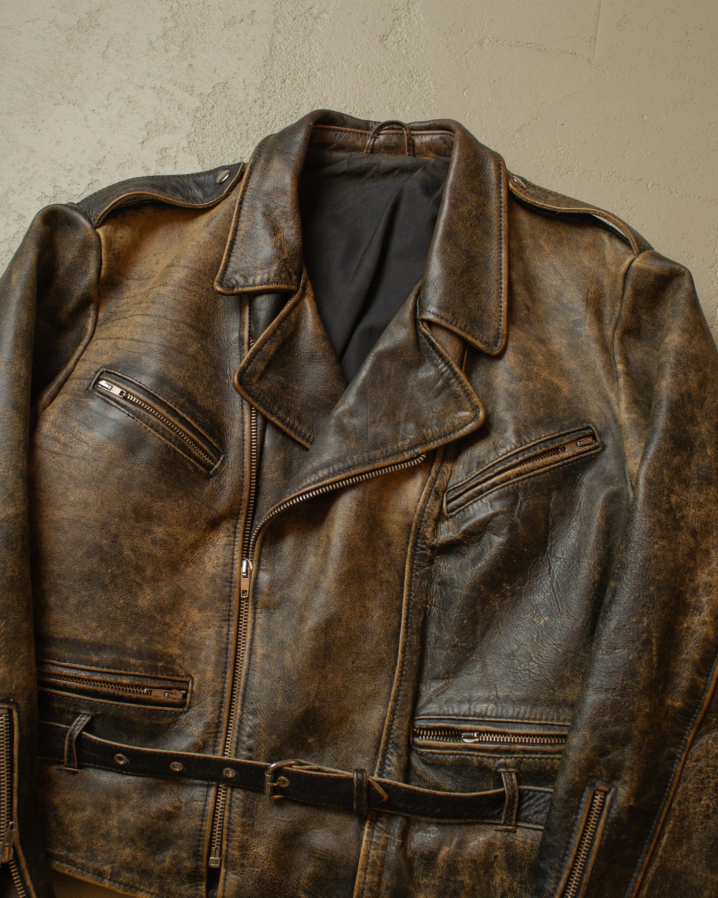 1980s Faded Leather Biker Jacket black - M/L
