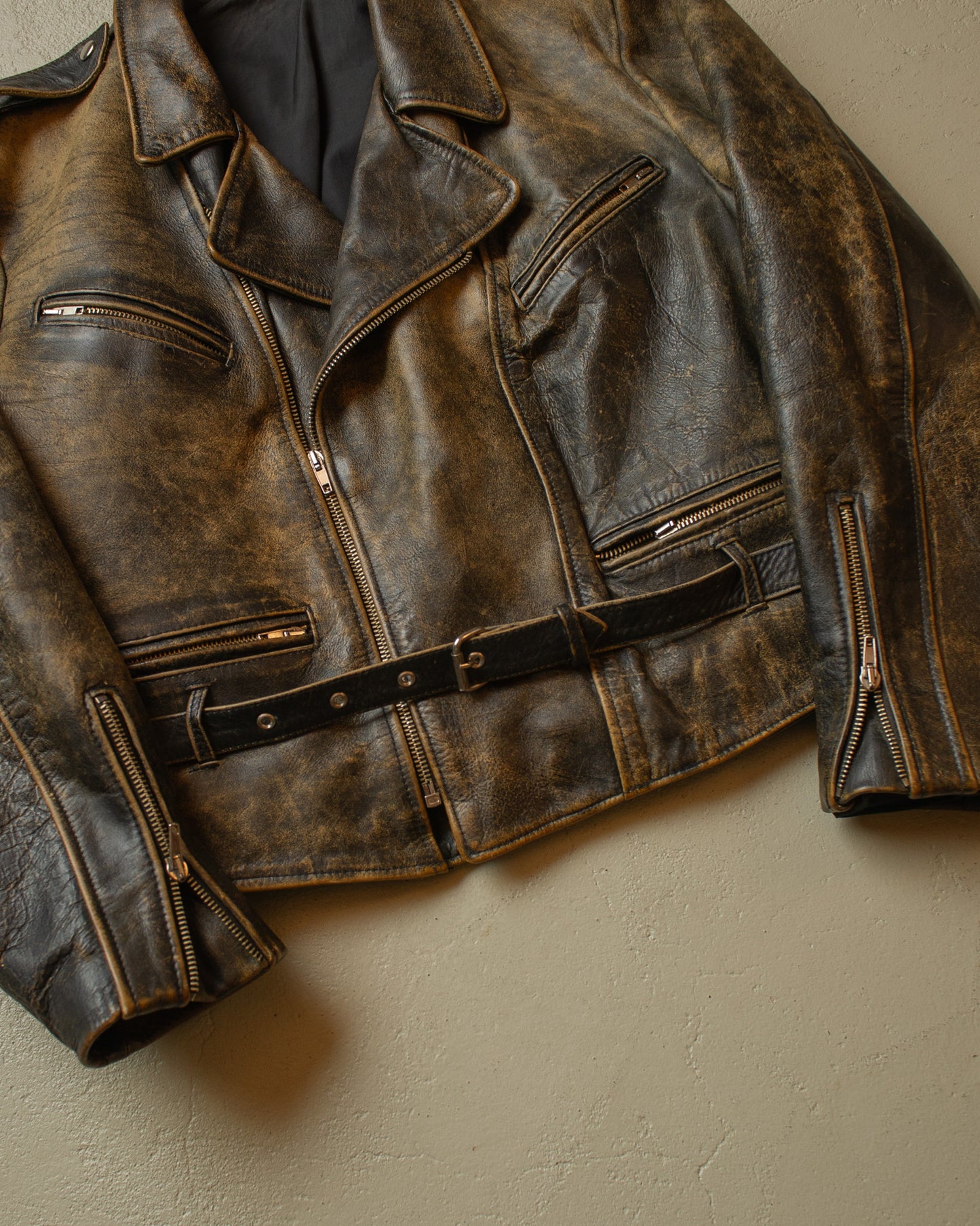 1980s Faded Leather Biker Jacket black - M/L