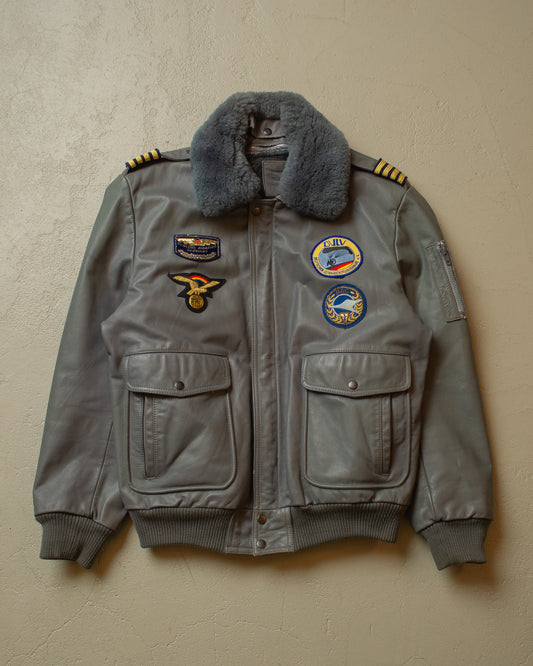 1990s Leather Sherpa lined Flight Bomber Jacket grey - XL