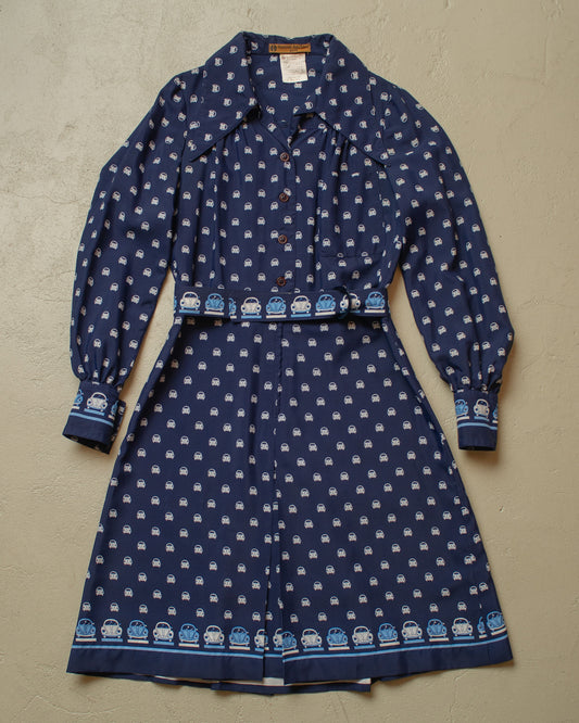 1970s Womens Daniel Hechter Car Print Dress navyblue - S