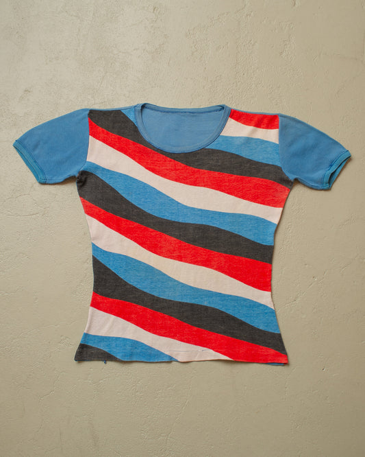 1960s/70s Wave Pattern Ringer T-shirt multi - S/M