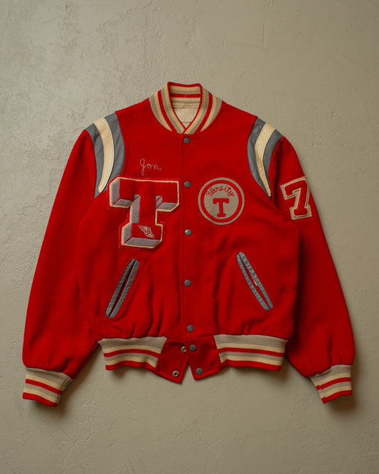 1970s JC Penney Trojans Wool Varsity Jacket red - M/L