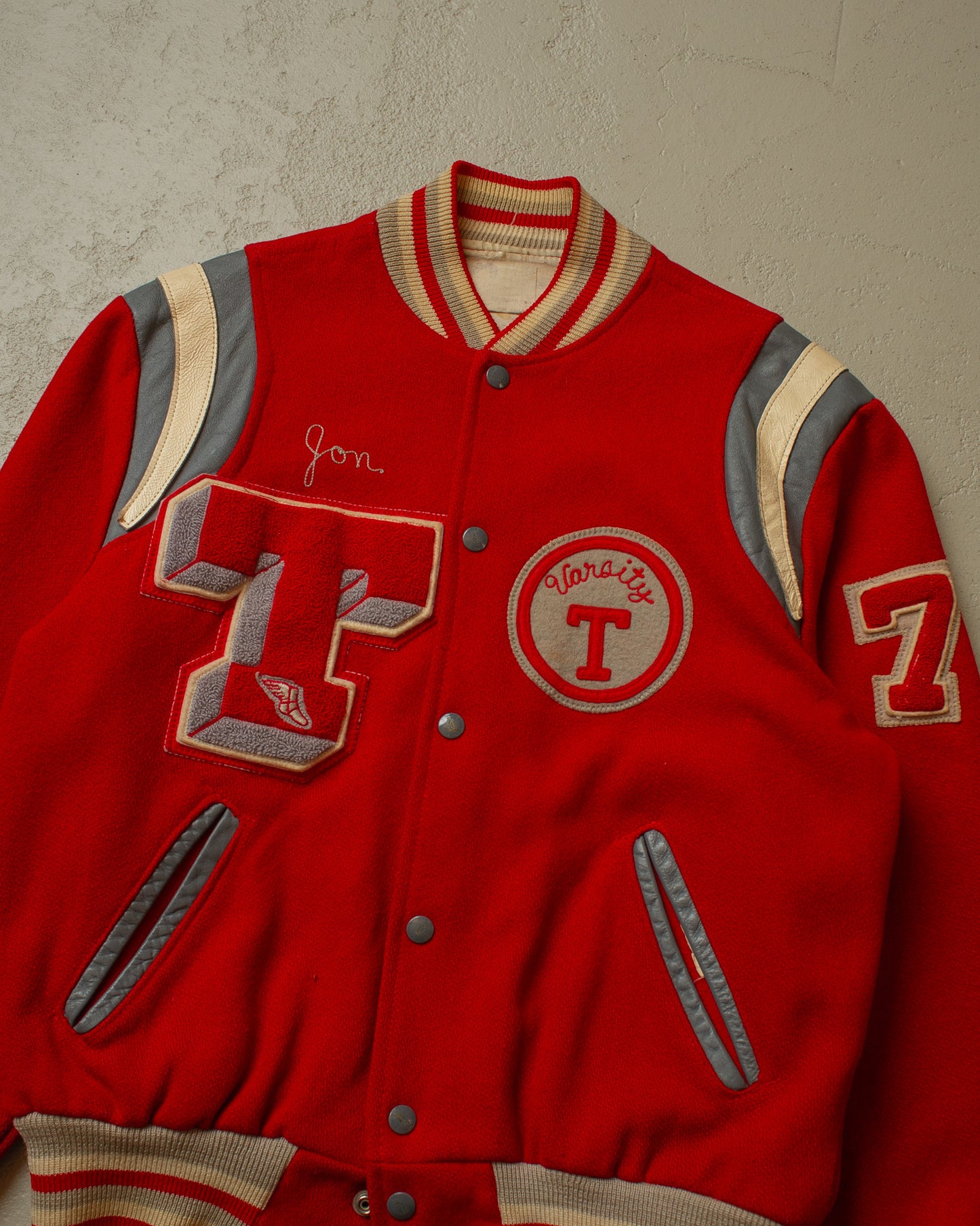 1970s JC Penney Trojans Wool Varsity Jacket red - M/L