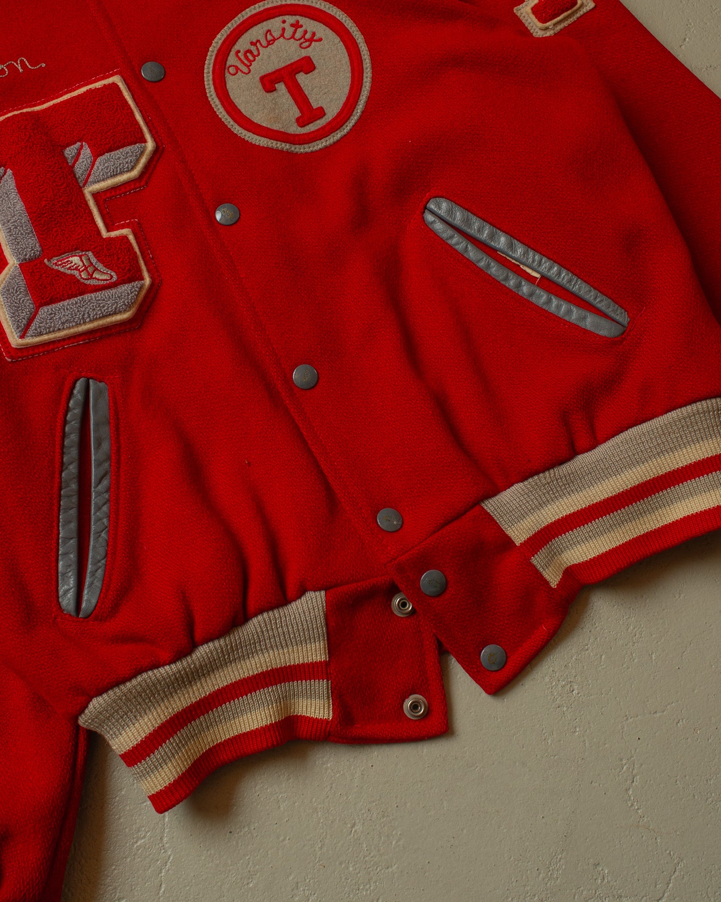 1970s JC Penney Trojans Wool Varsity Jacket red - M/L