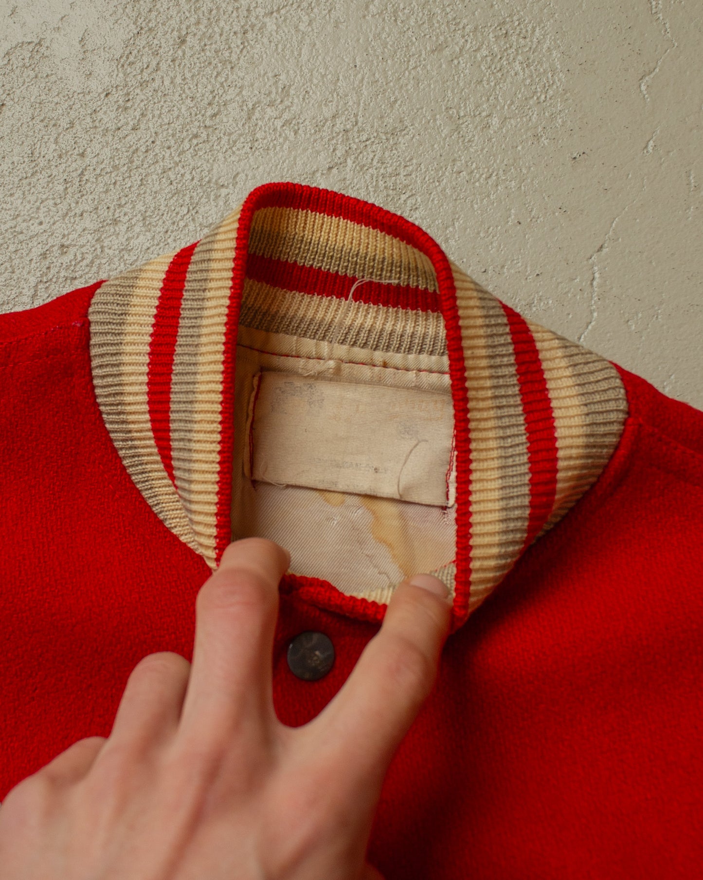 1970s JC Penney Trojans Wool Varsity Jacket red - M/L