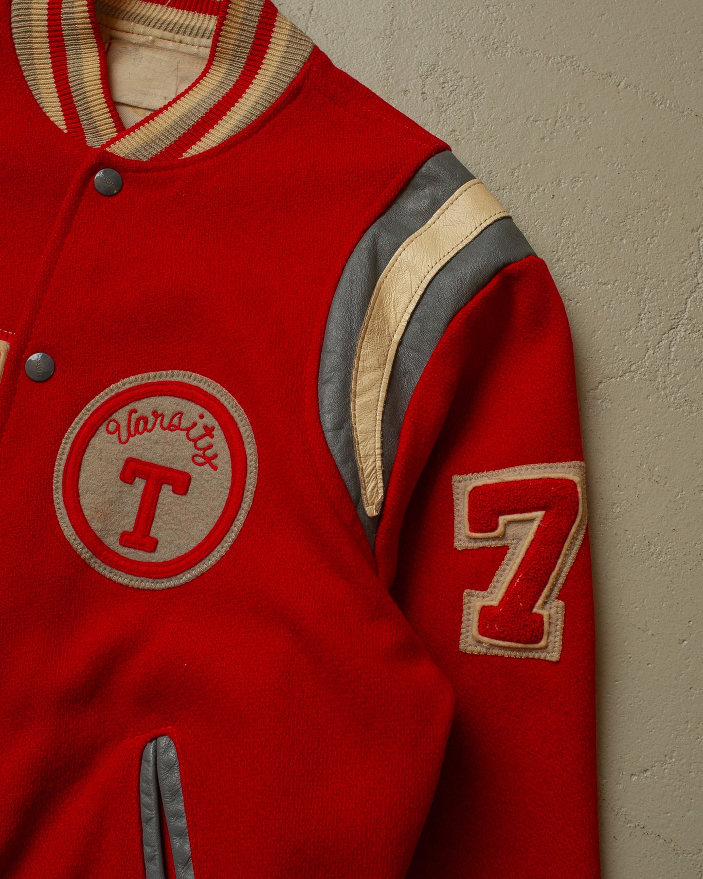 1970s JC Penney Trojans Wool Varsity Jacket red - M/L