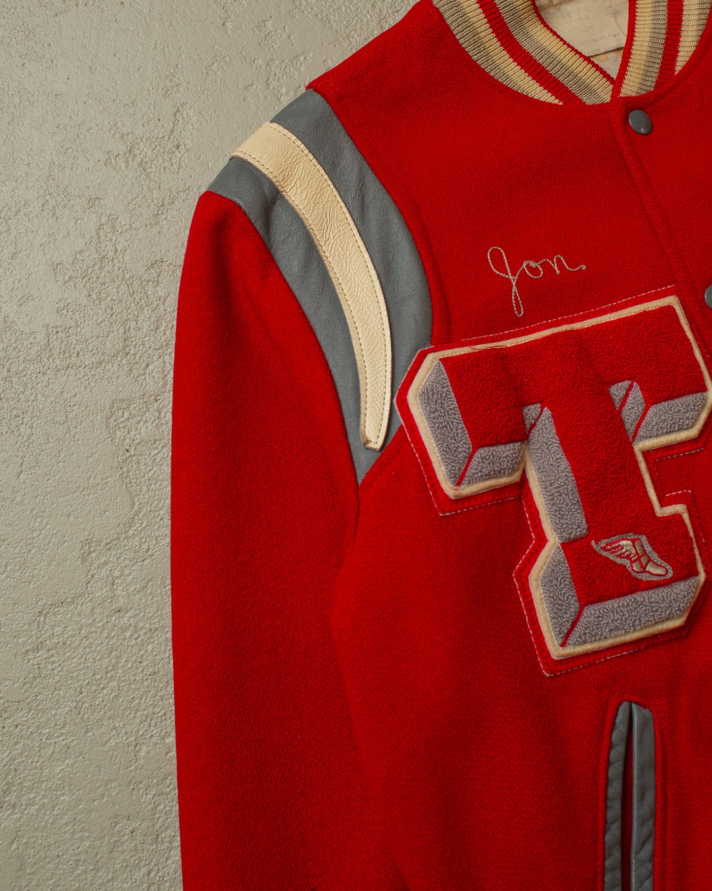 1970s JC Penney Trojans Wool Varsity Jacket red - M/L