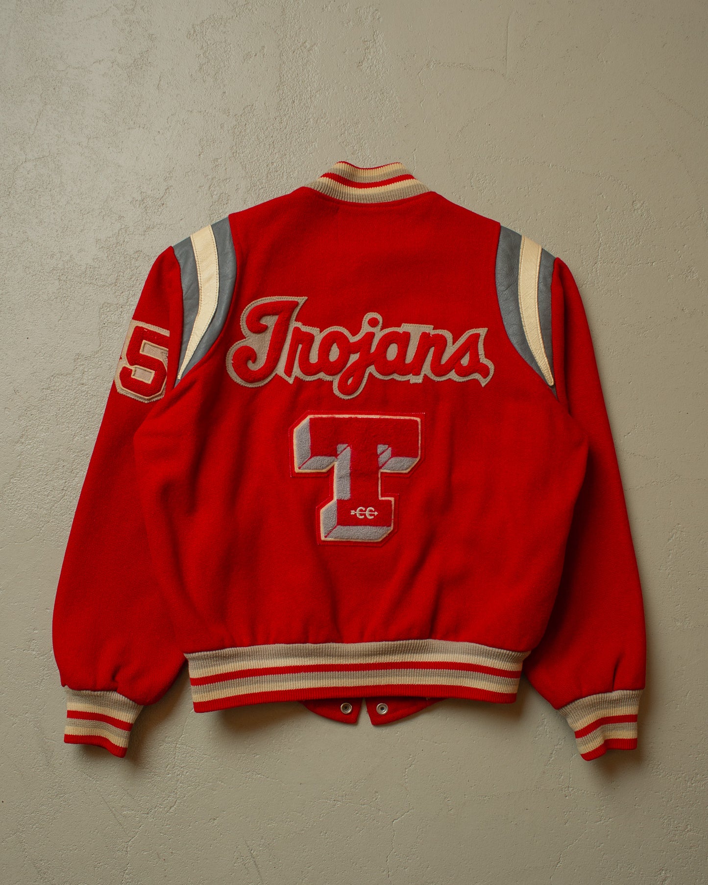 1970s JC Penney Trojans Wool Varsity Jacket red - M/L