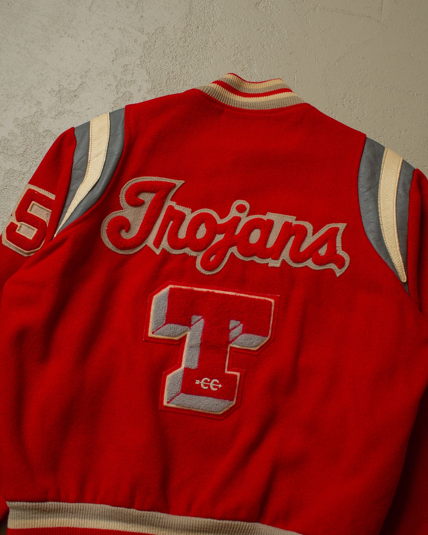 1970s JC Penney Trojans Wool Varsity Jacket red - M/L