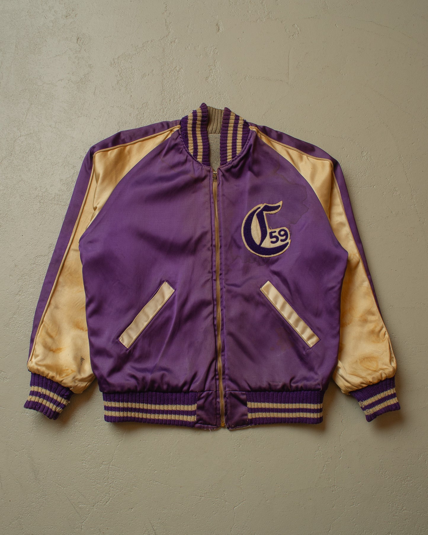 1950s Reversible Satin/Wool Varsity Jacket purple - L