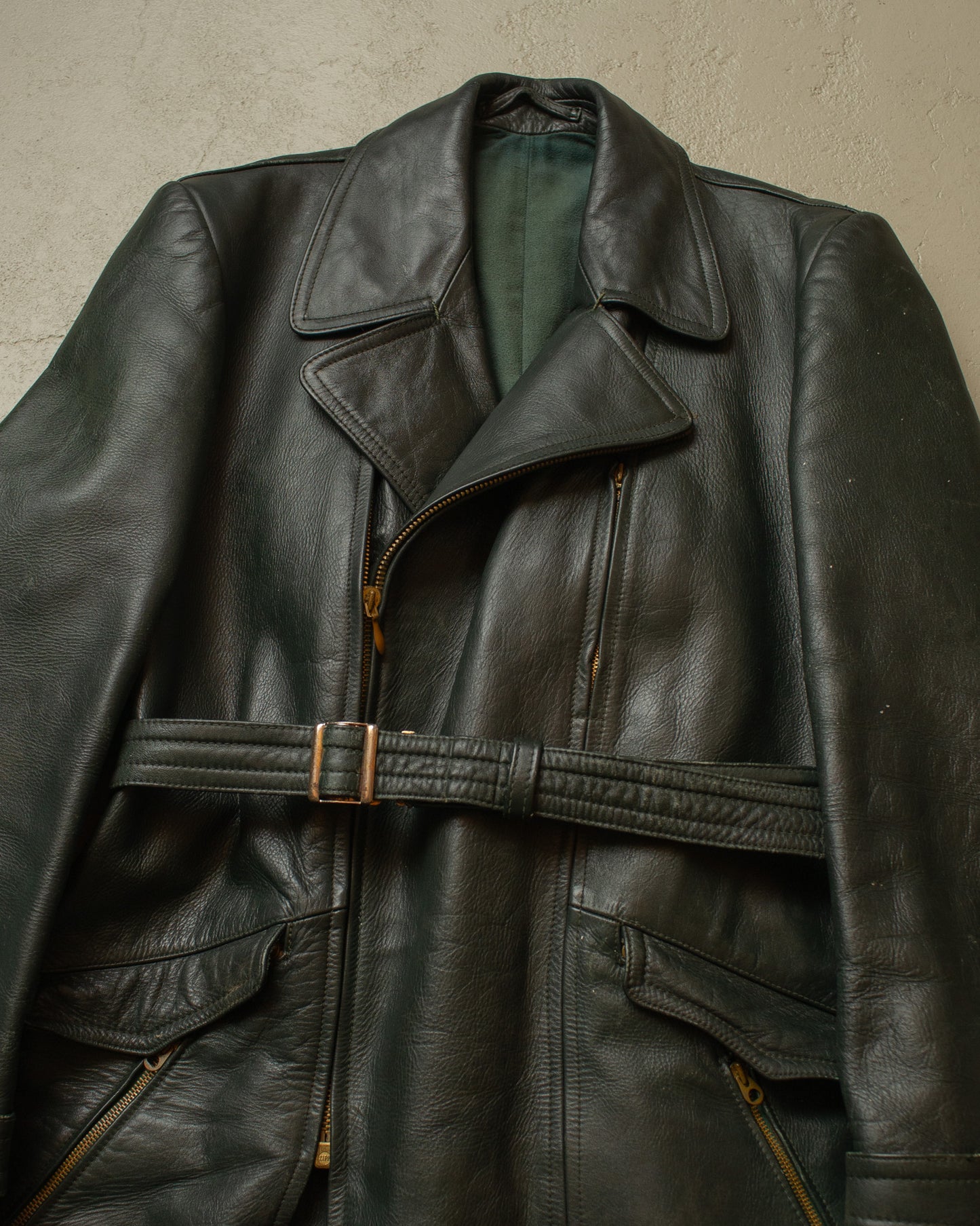 1950s German Biker Leather Jacket green - M