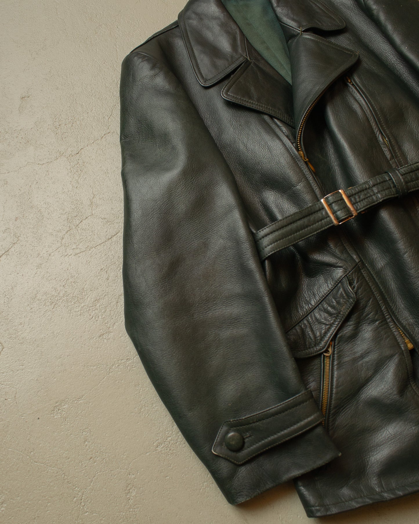 1950s German Biker Leather Jacket green - M