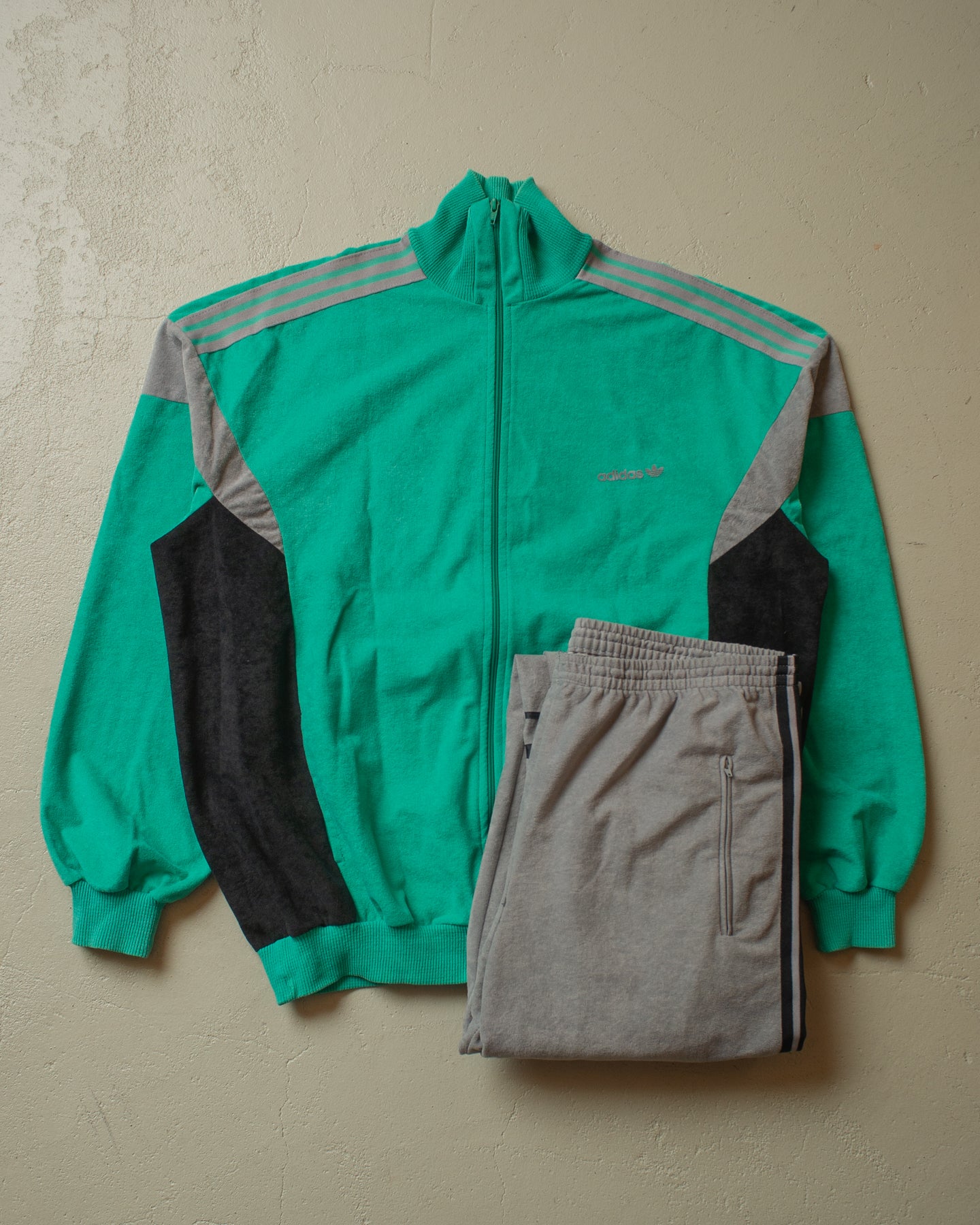 1980s Adidas Velour Track Suit green/grey - XL/XXL