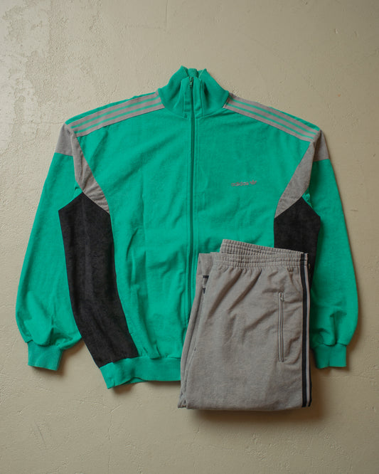 1980s Adidas Velour Track Suit green/grey - XL/XXL