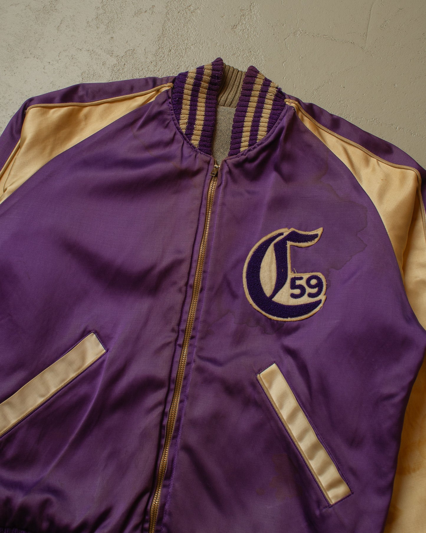 1950s Reversible Satin/Wool Varsity Jacket purple - L