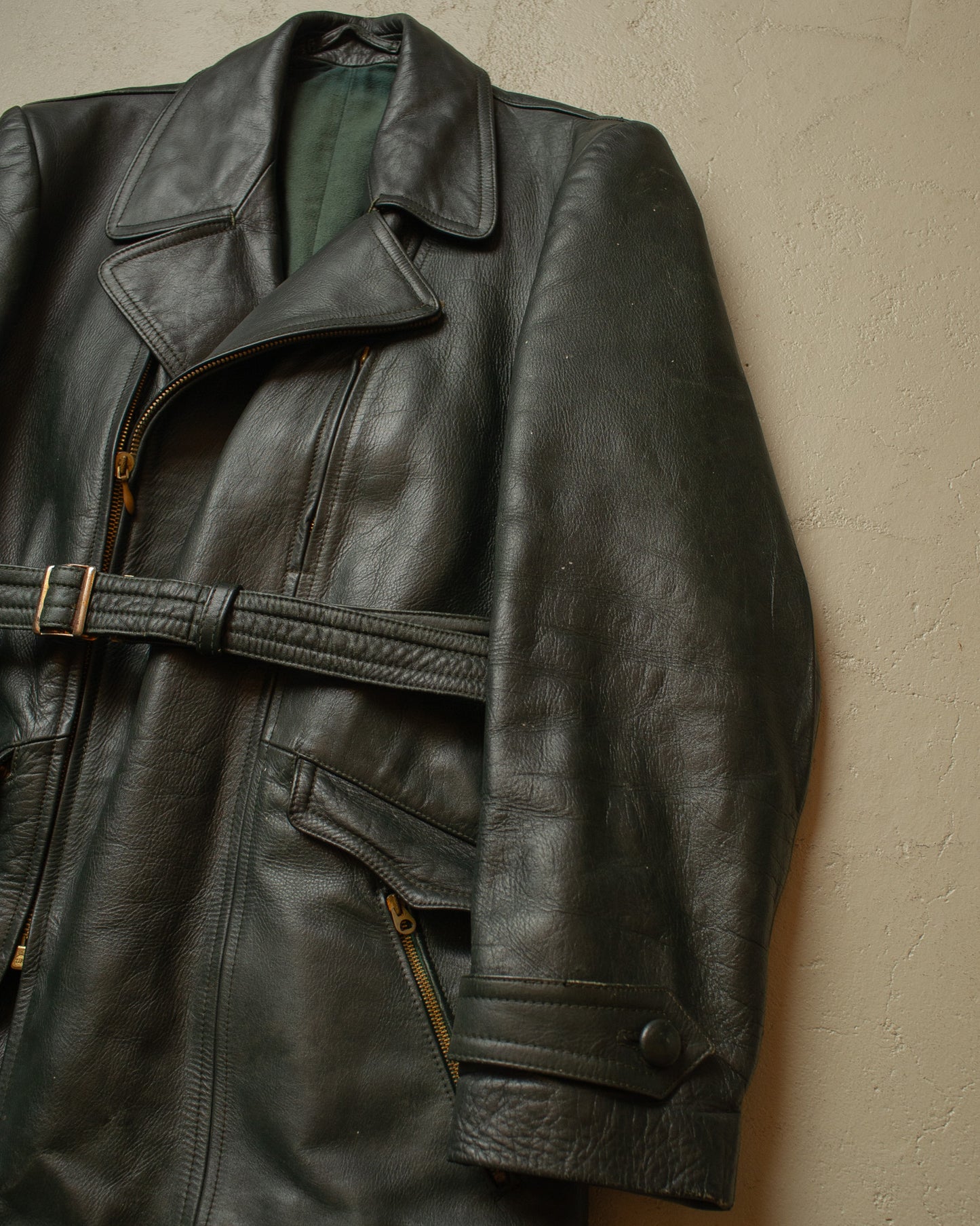 1950s German Biker Leather Jacket green - M