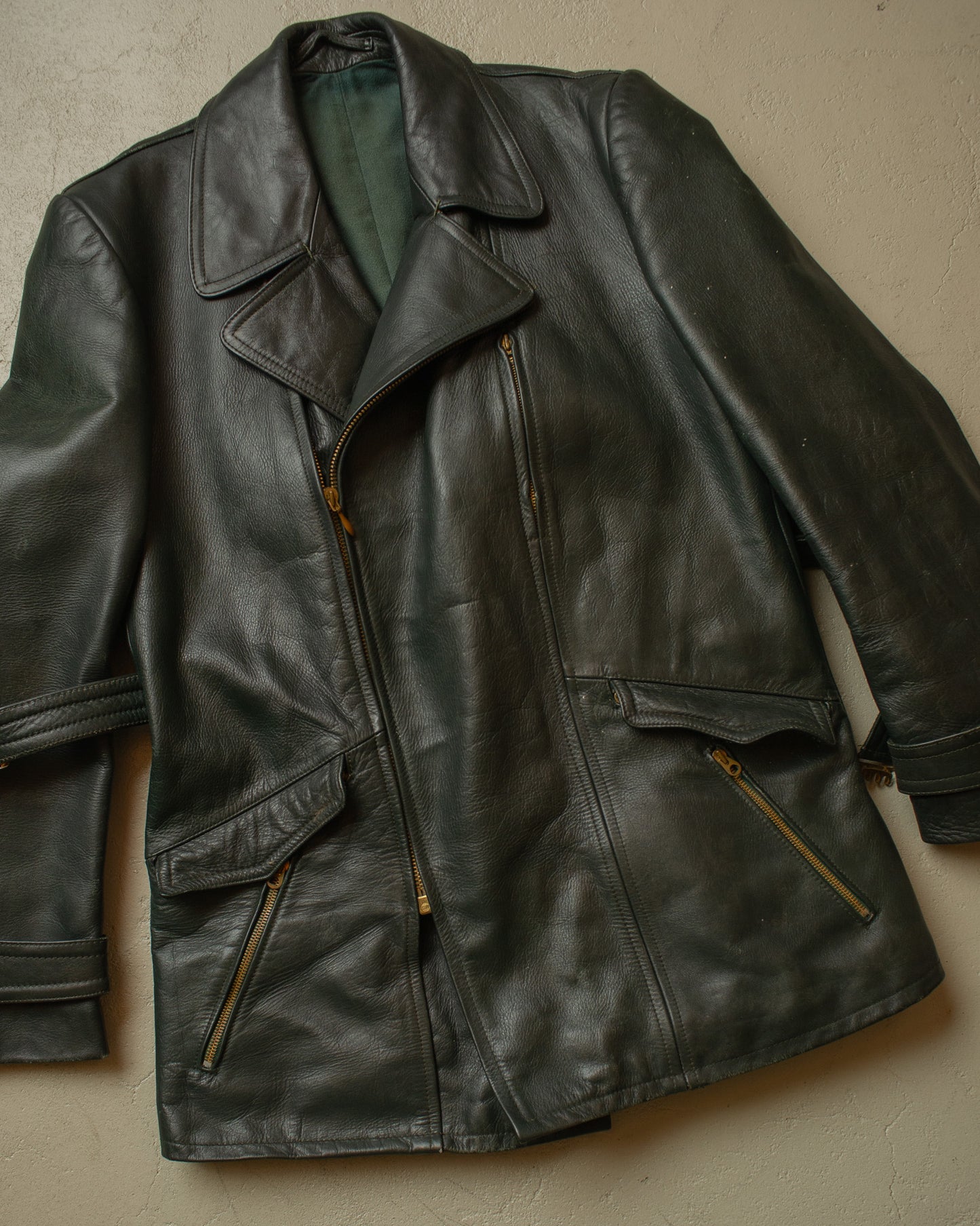 1950s German Biker Leather Jacket green - M