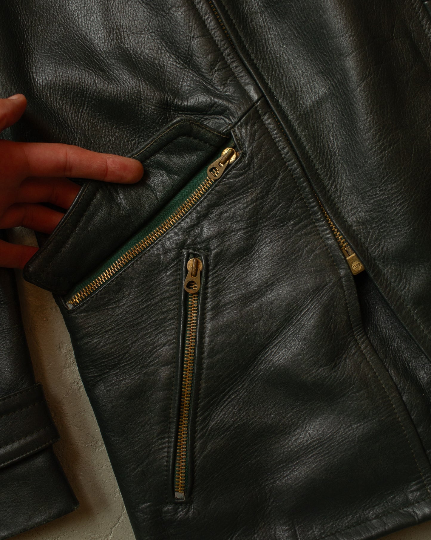 1950s German Biker Leather Jacket green - M